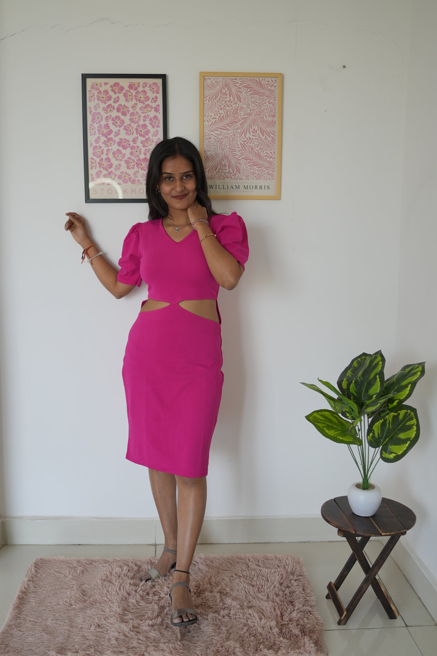 Hot Pink Elegance Crepe Waist Cut Bodycon Dress