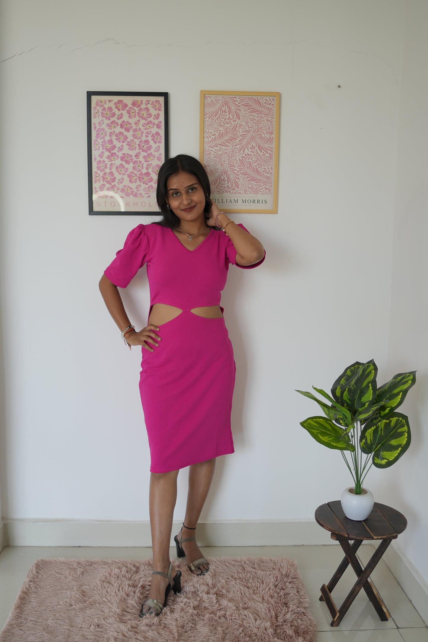 Hot Pink Elegance Crepe Waist Cut Bodycon Dress