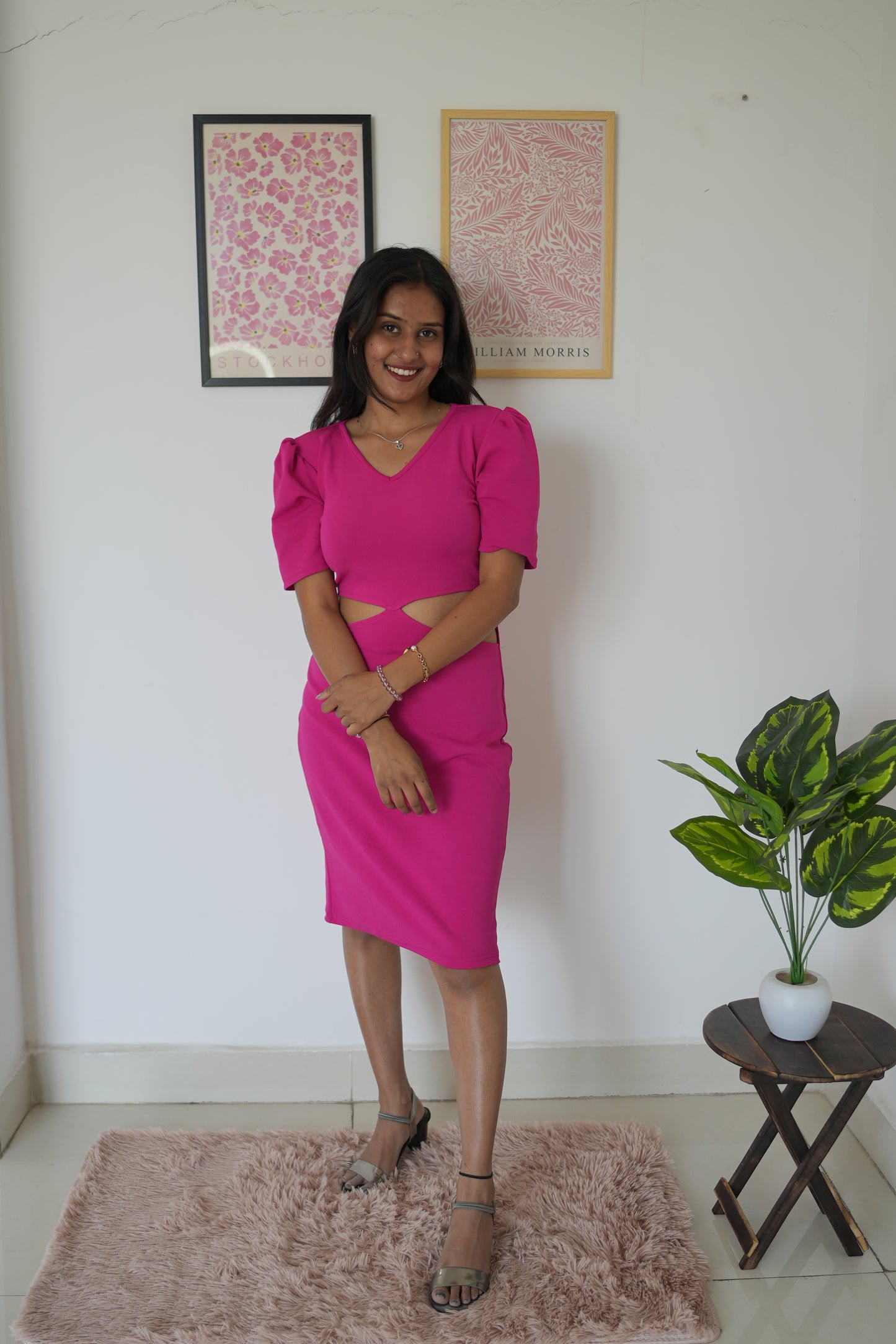 Hot Pink Elegance Crepe Waist Cut Bodycon Dress