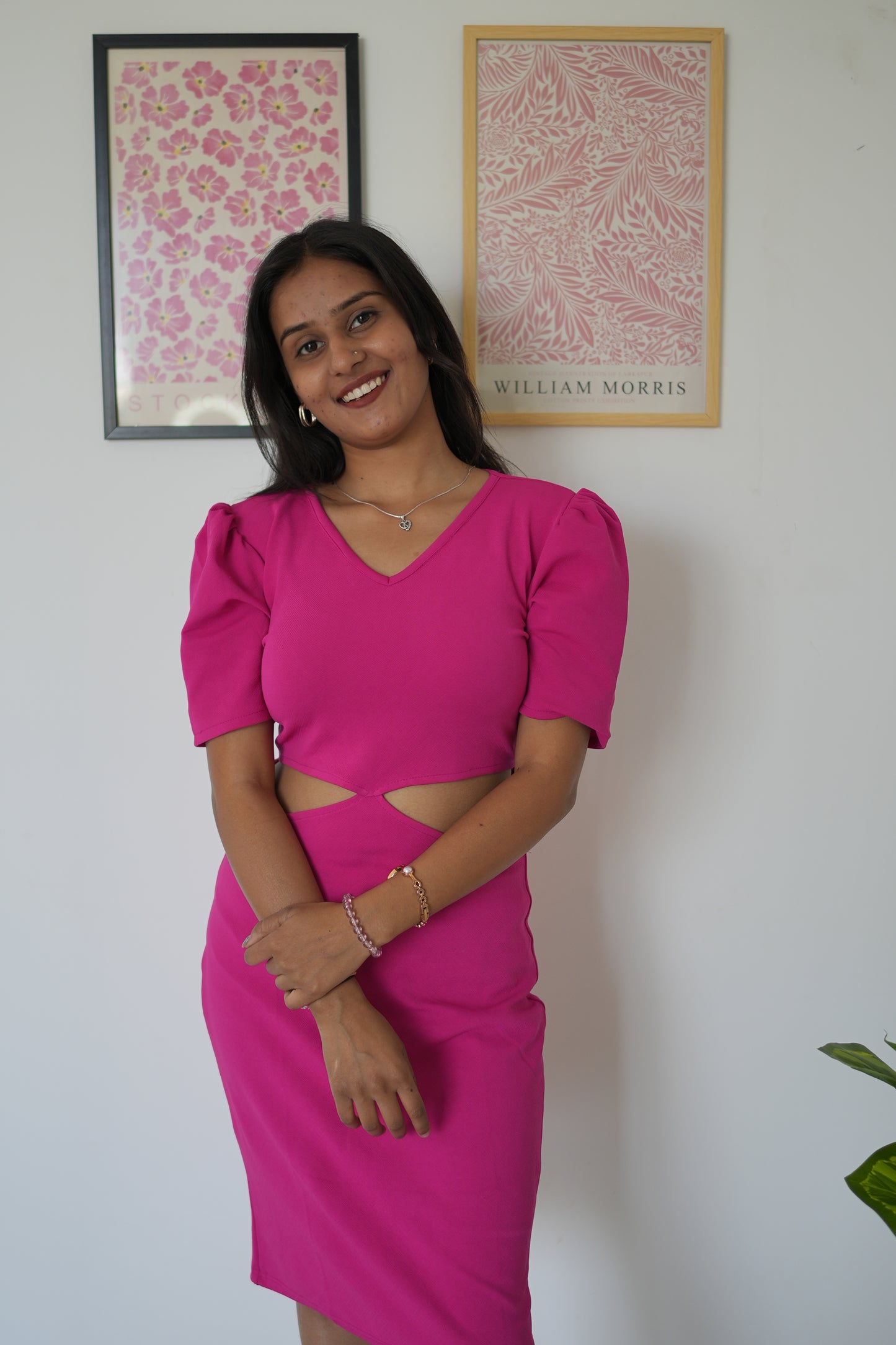 Hot Pink Elegance Crepe Waist Cut Bodycon Dress