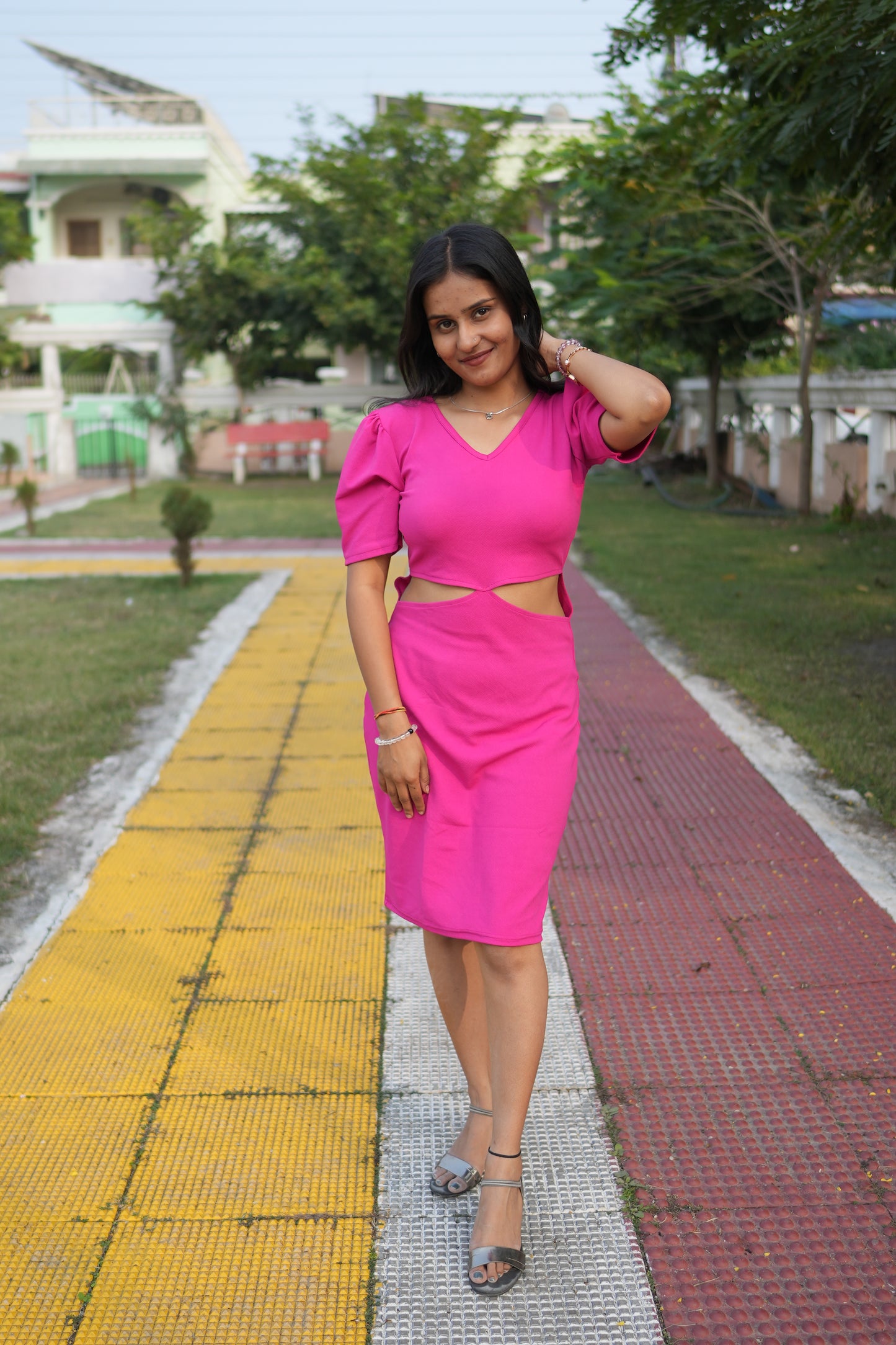 Hot Pink Elegance Crepe Waist Cut Bodycon Dress