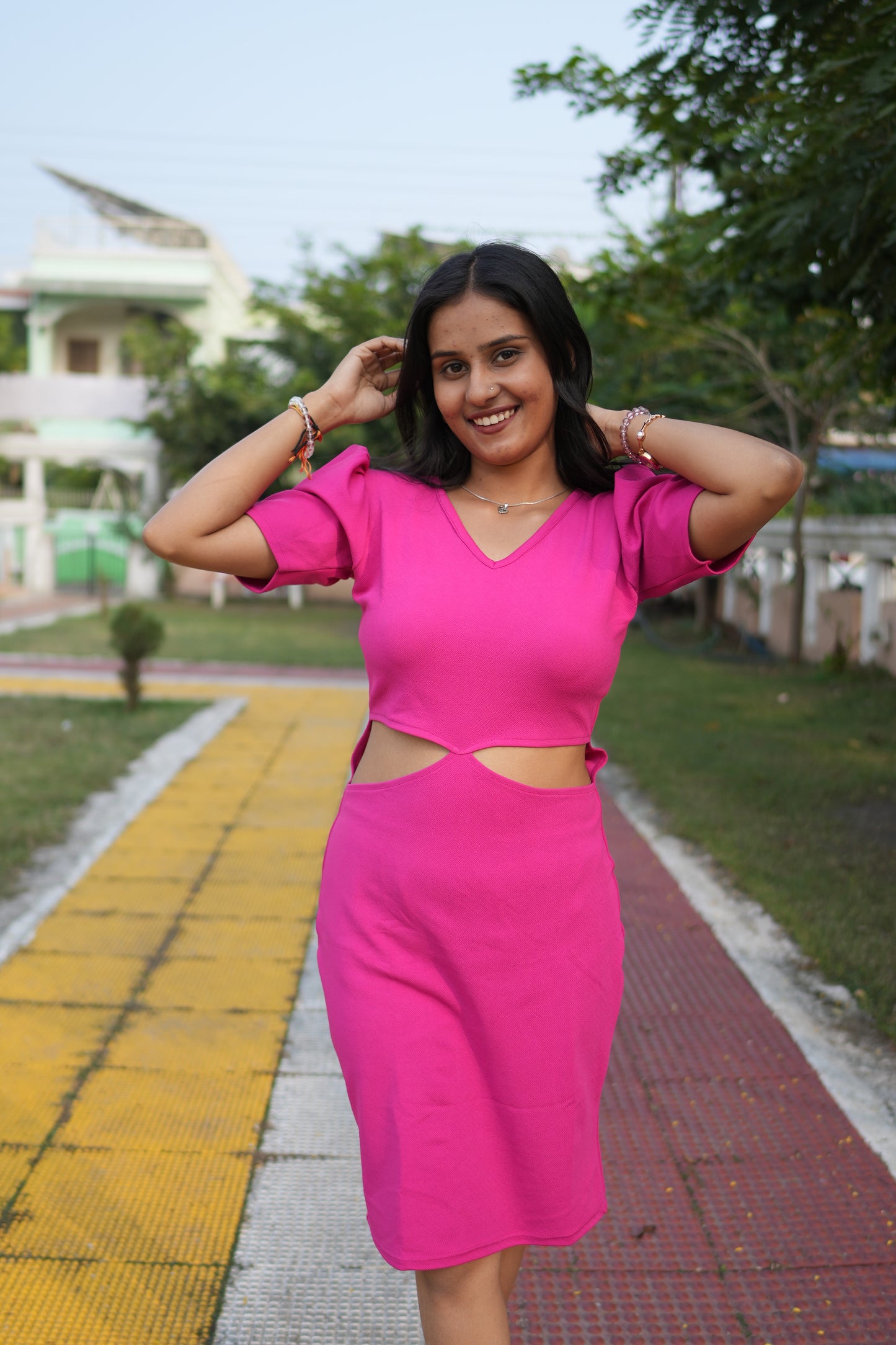 Hot Pink Elegance Crepe Waist Cut Bodycon Dress