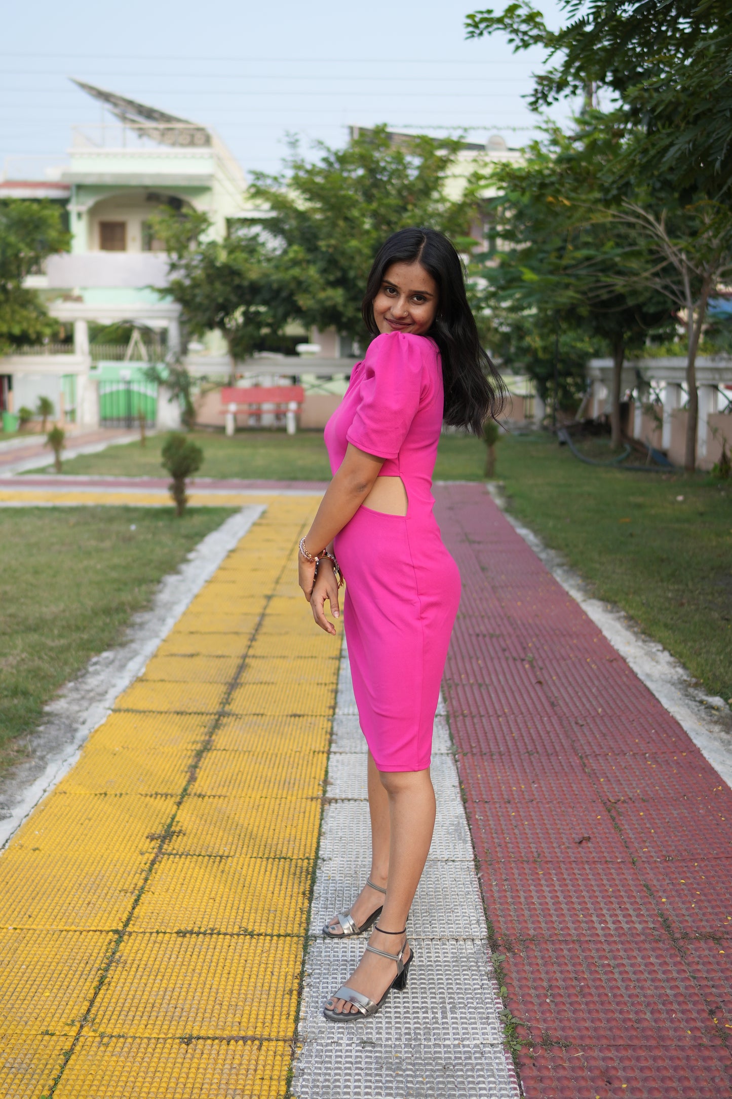 Hot Pink Elegance Crepe Waist Cut Bodycon Dress