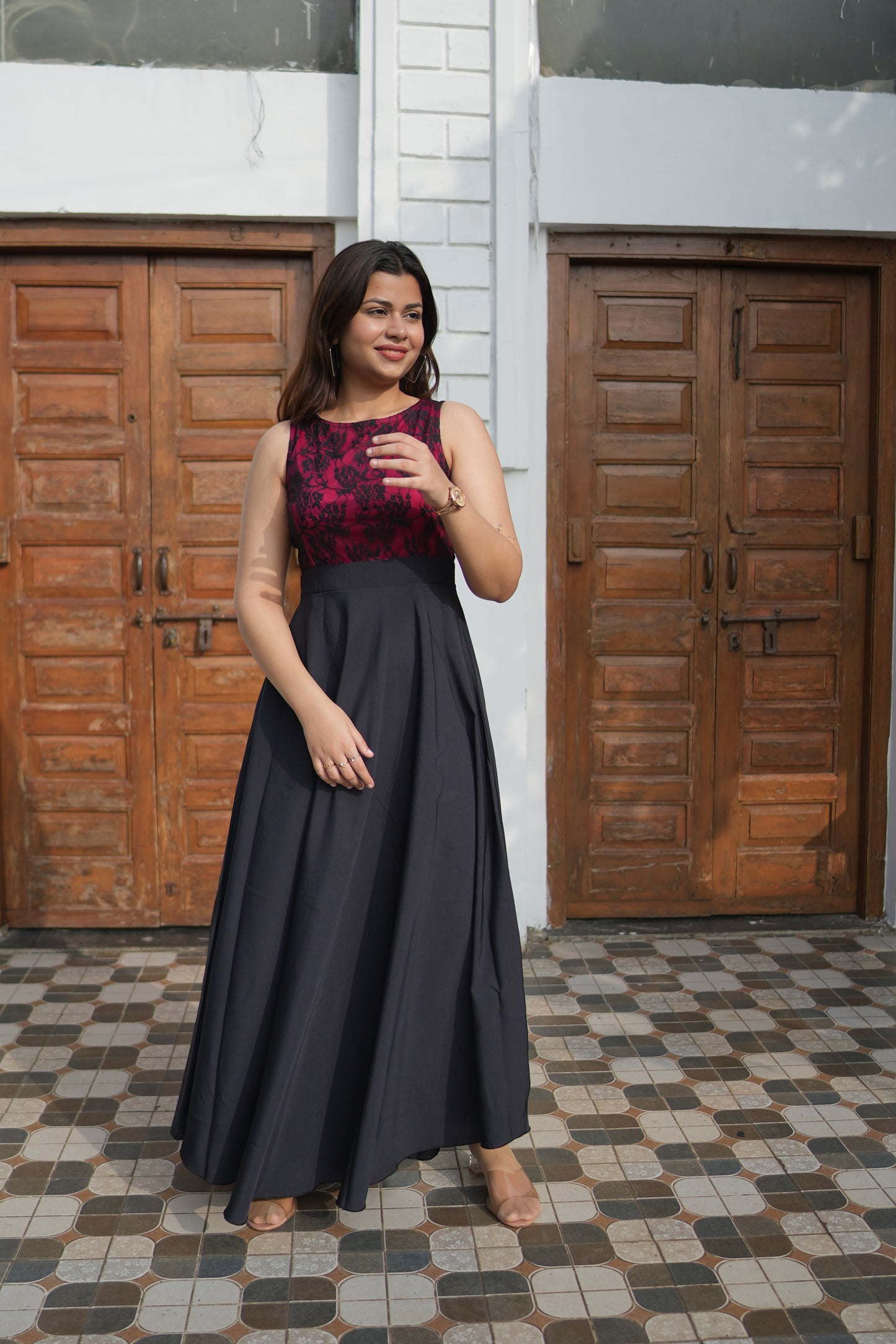 Scarlet Noir Crepe Fit and Flare Maxi Dress