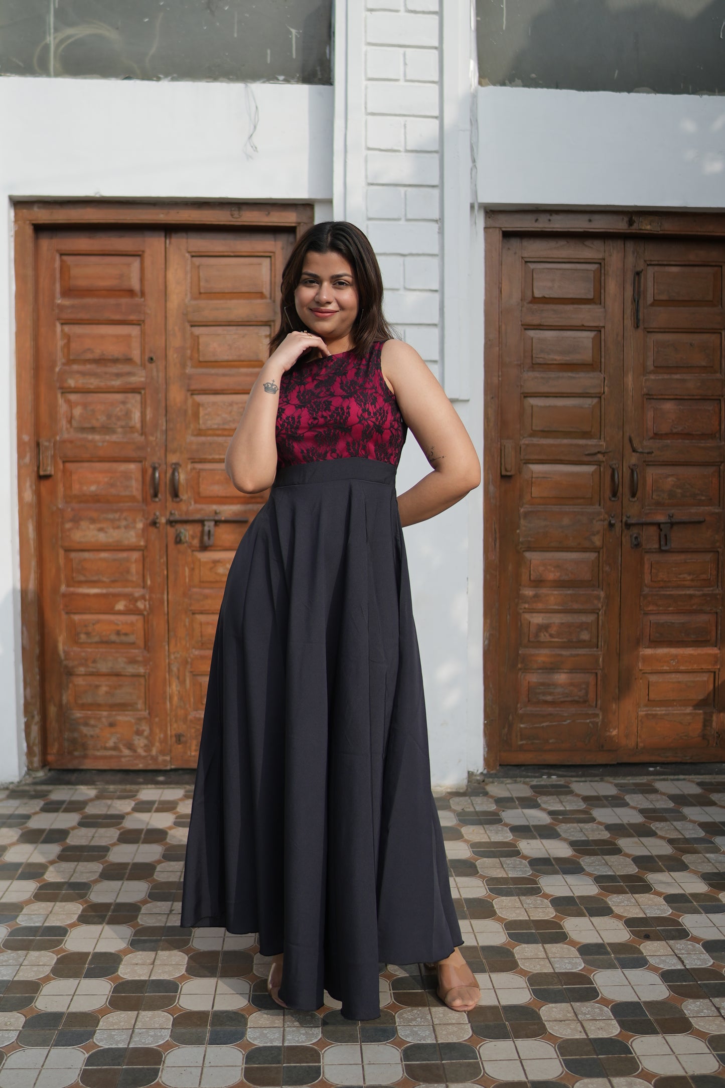 Scarlet Noir Crepe Fit and Flare Maxi Dress