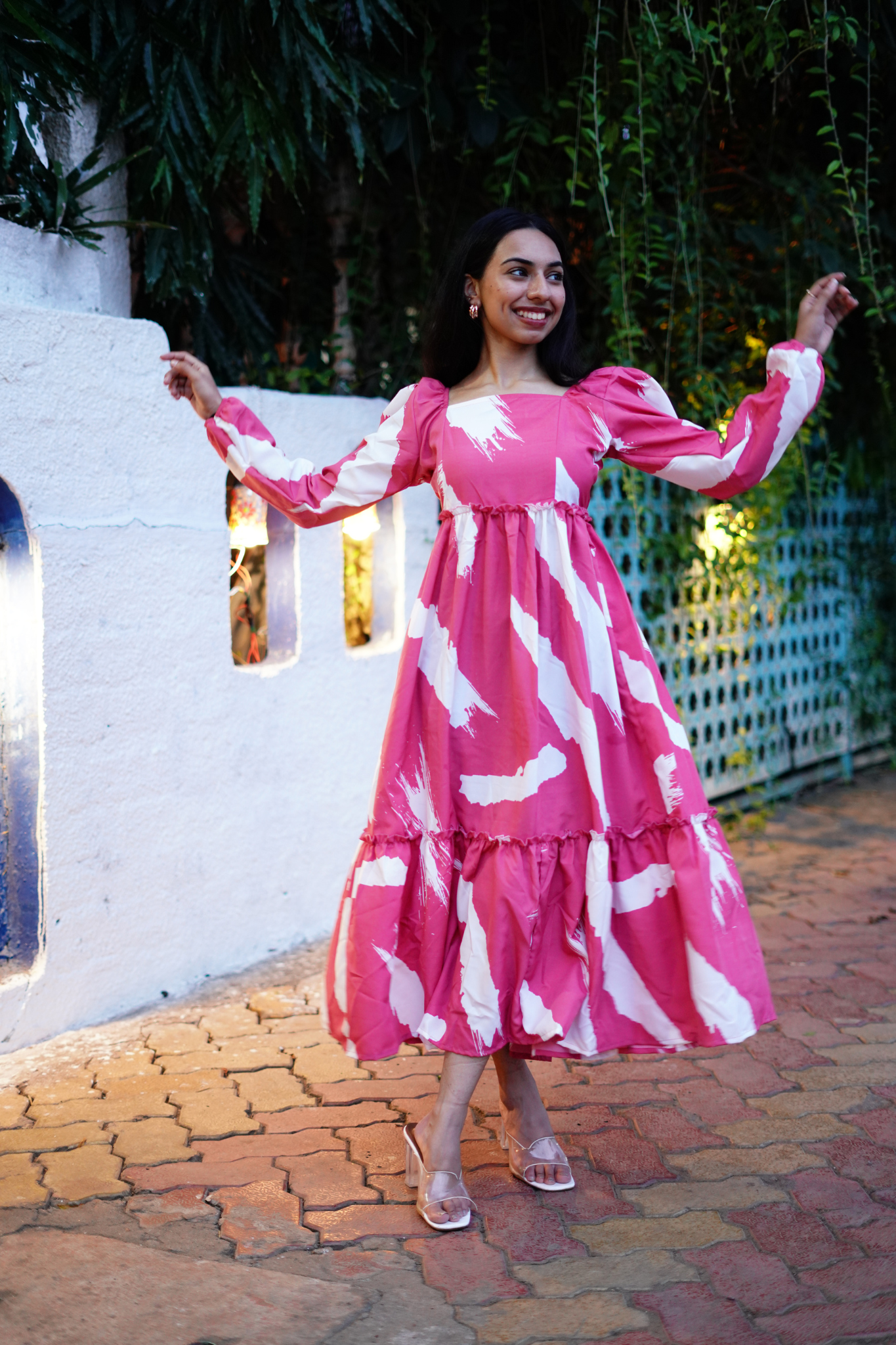 Peach printed Fit and Flare Midi Dress