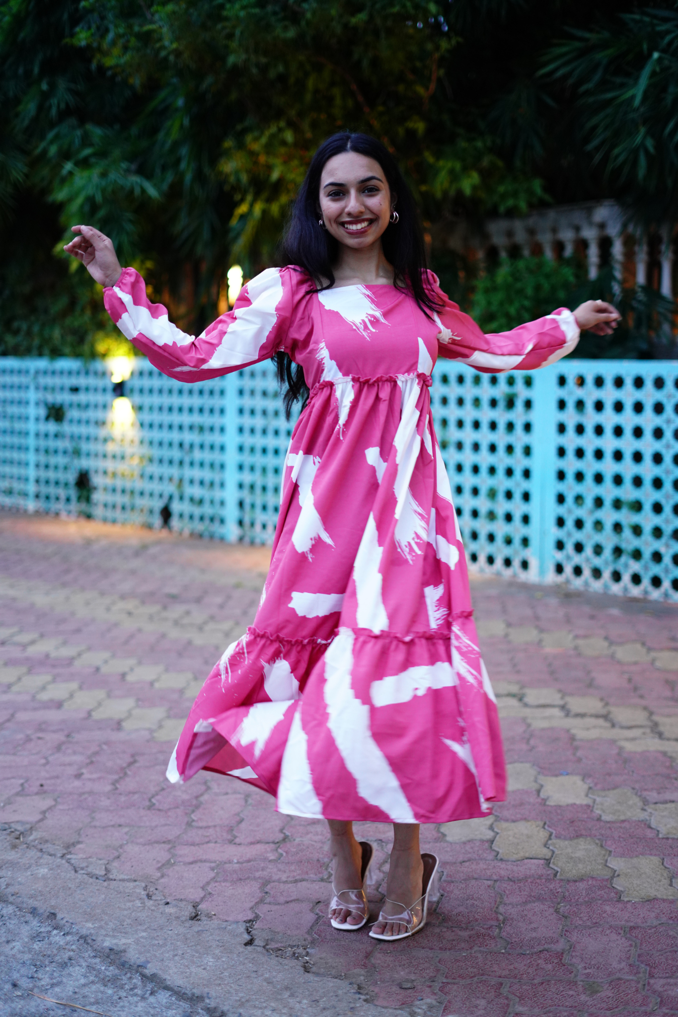 Peach printed Fit and Flare Midi Dress