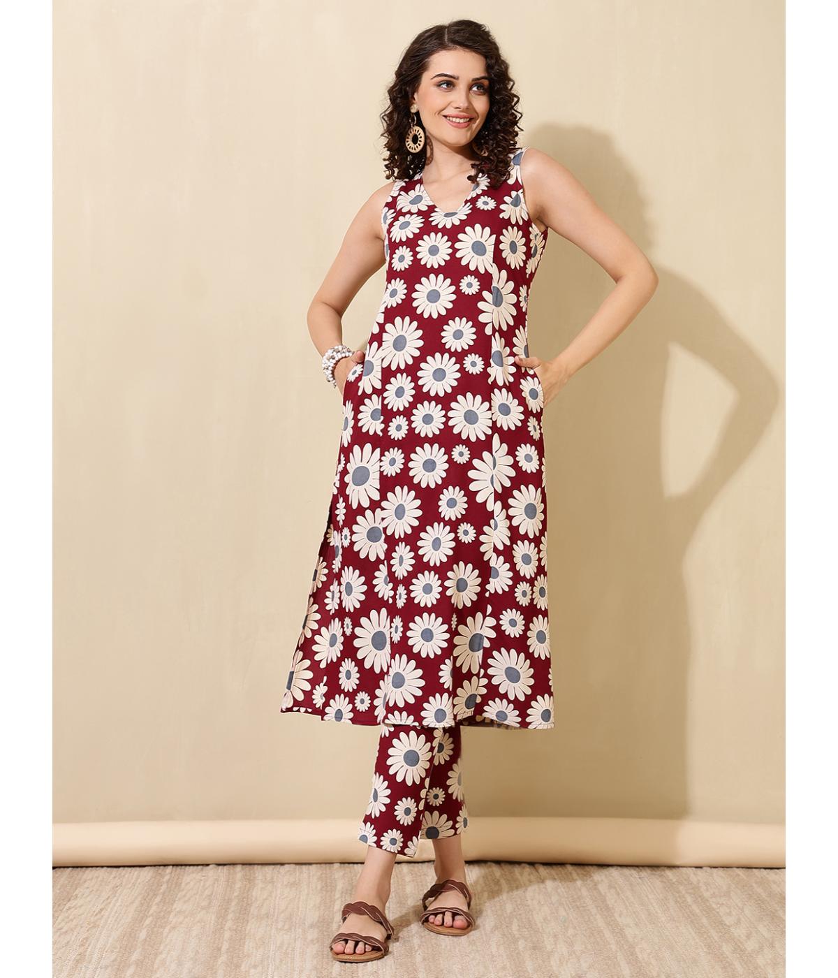 Maroon Floral kurta Pant Set