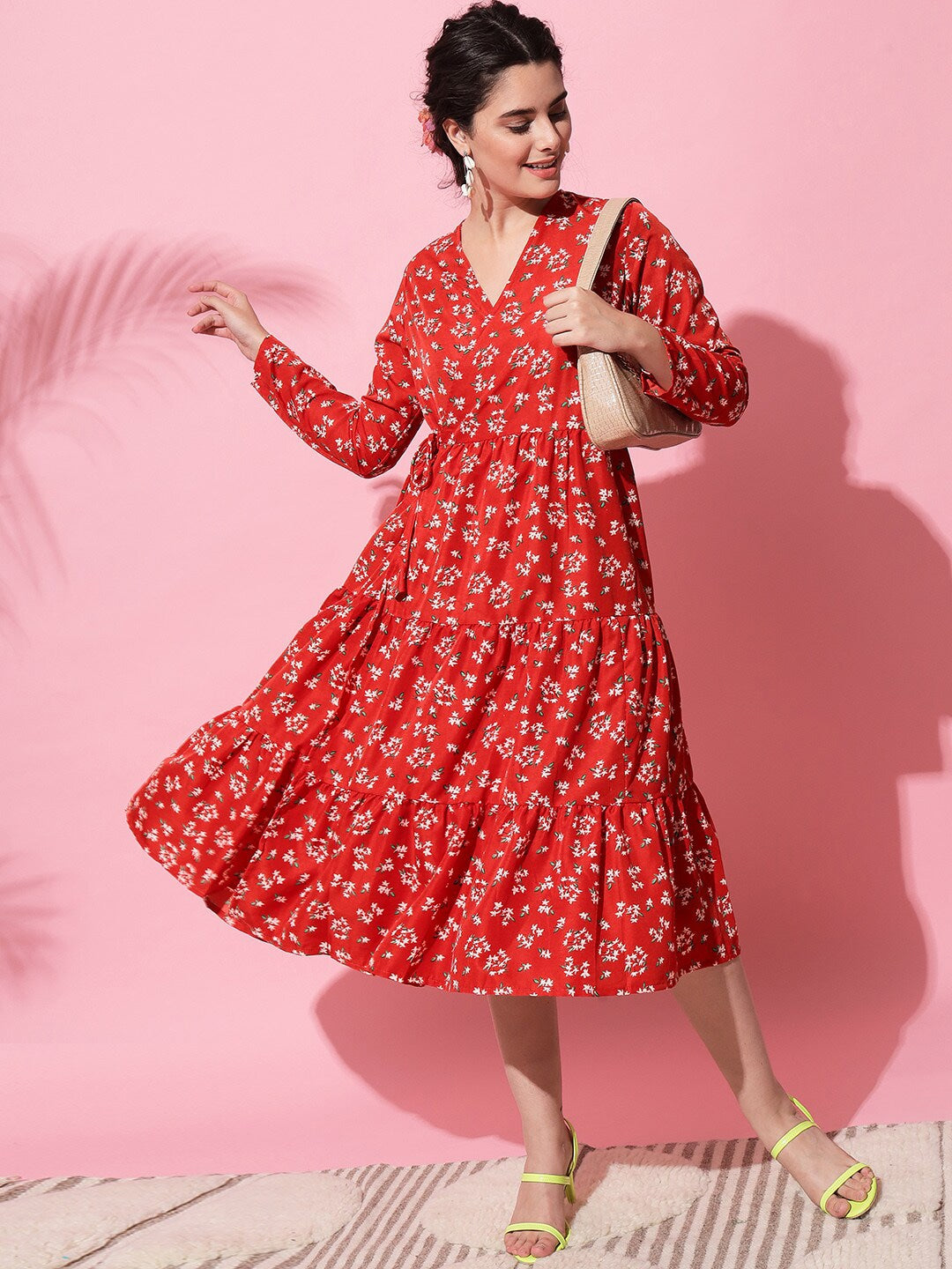 Red & White Floral Printed Midi Dress