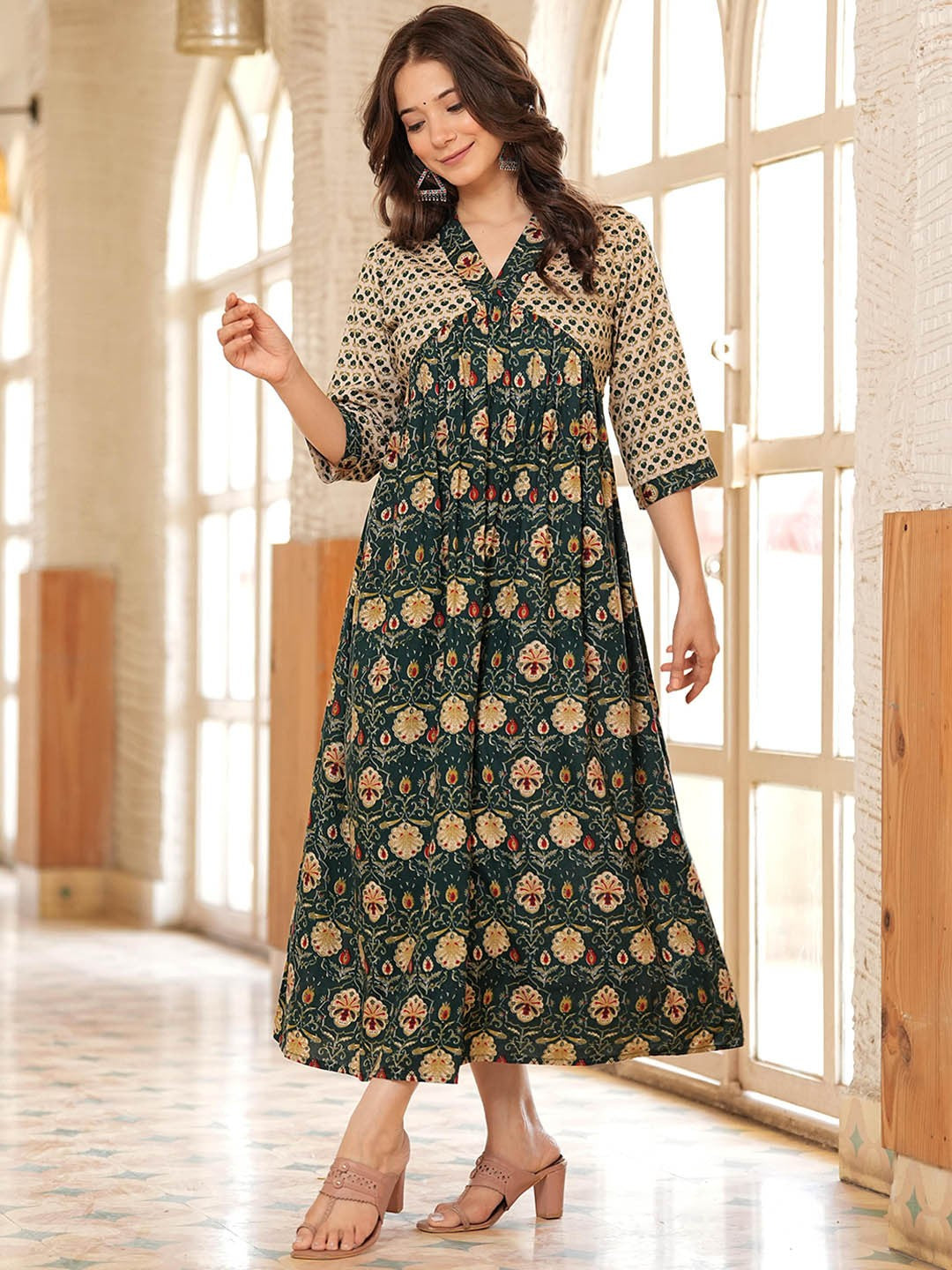 Green Zari Design Floral Dress
