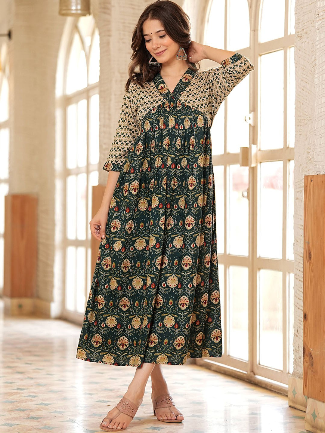 Green Zari Design Floral Dress