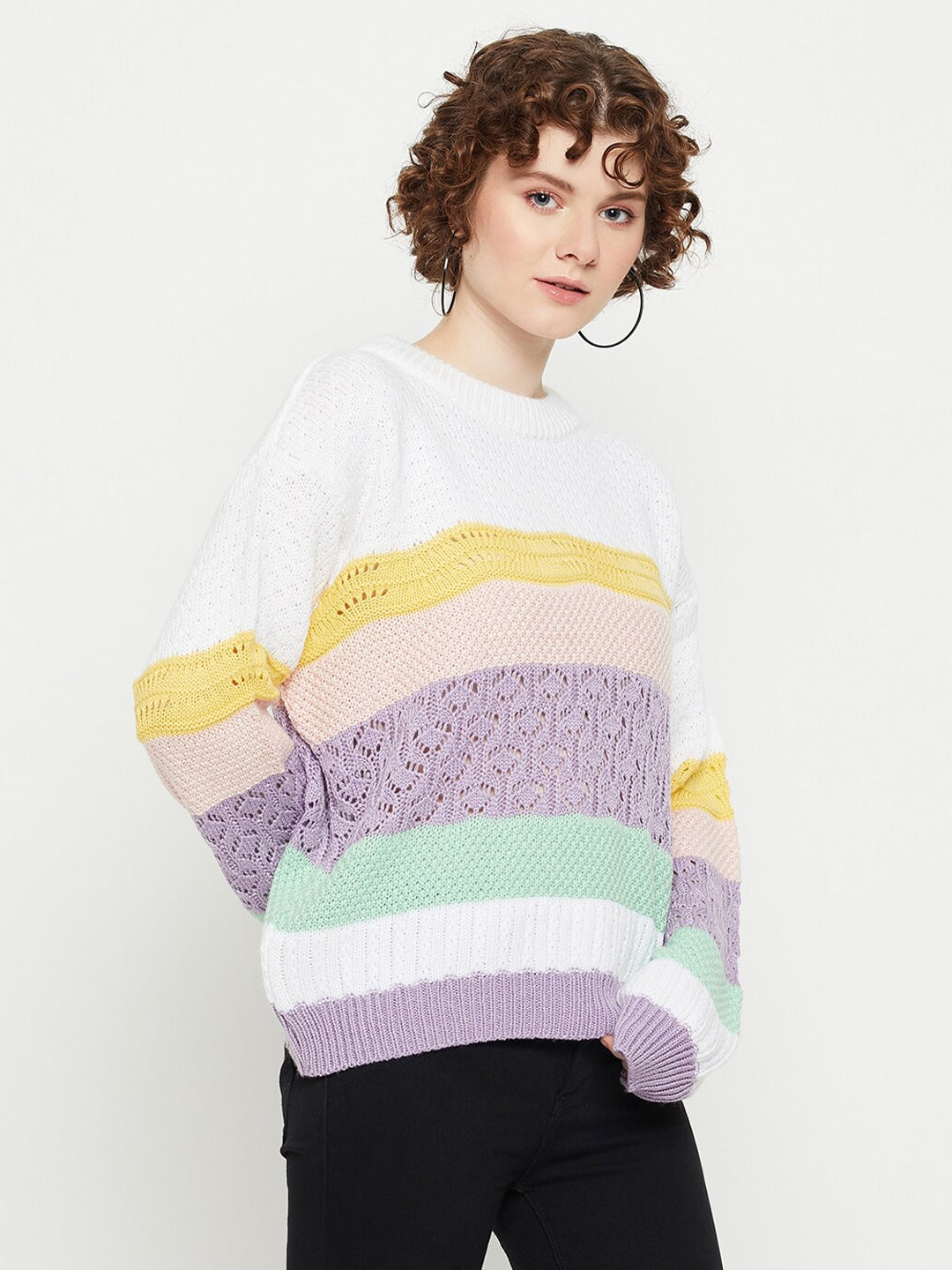 Women Round Neck Full Sleeves Open Knit Sweater