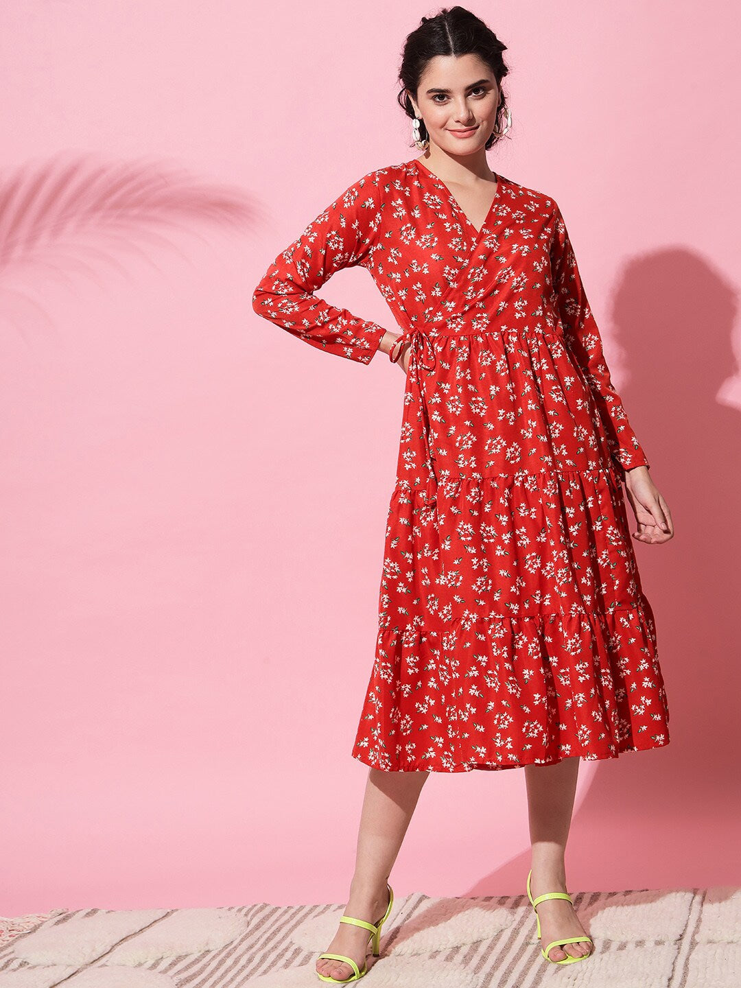 Red & White Floral Printed Midi Dress