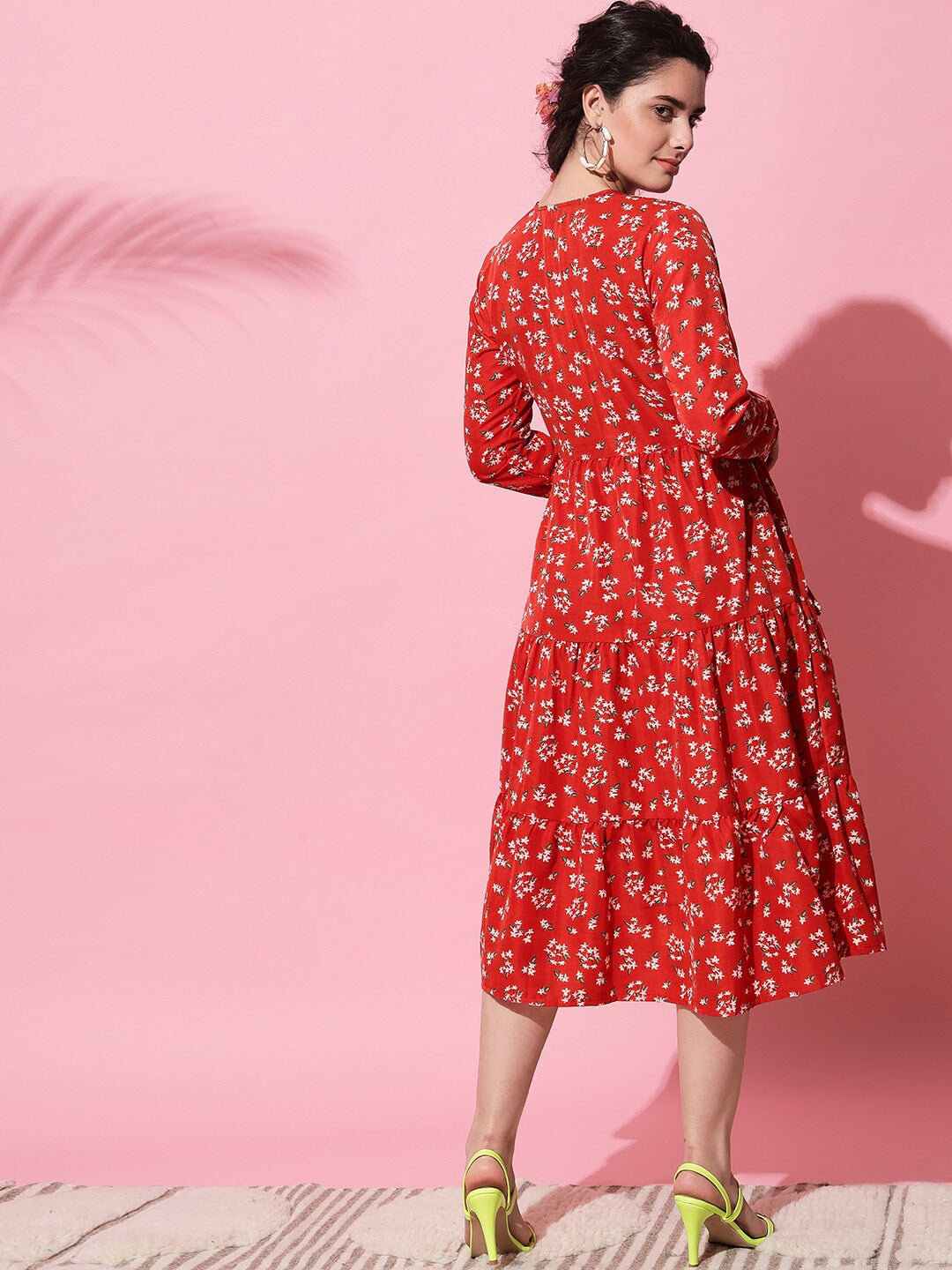 Red & White Floral Printed Midi Dress