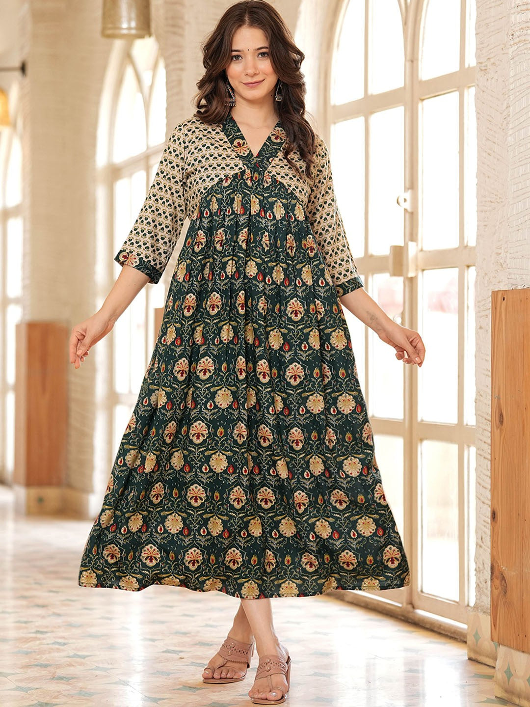Green Zari Design Floral Dress