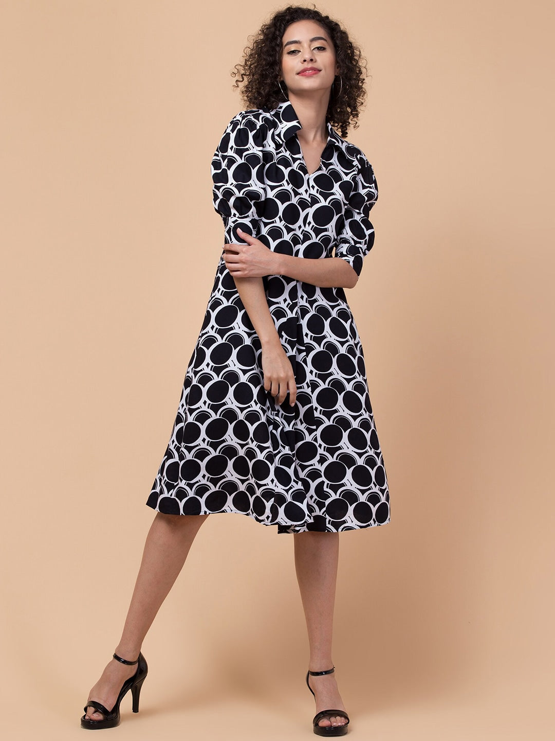 Radiant Reverie Woven Knee-Length Dress with Flared Hemline