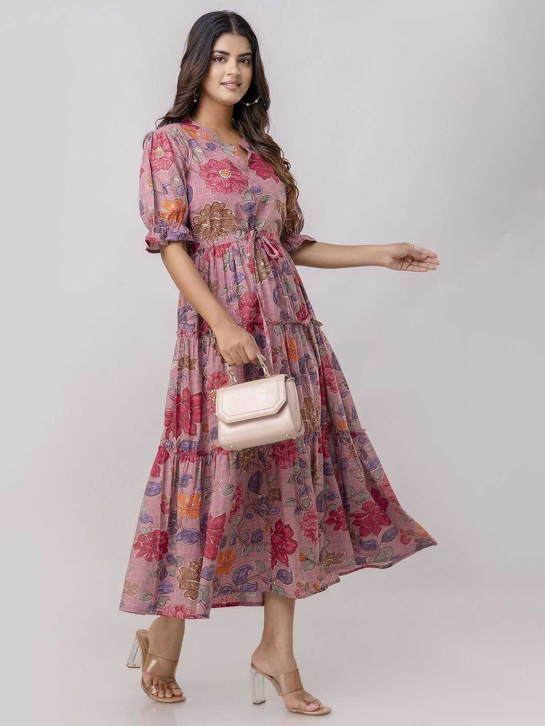 Pink Floral Fit and Flare Midi Dress