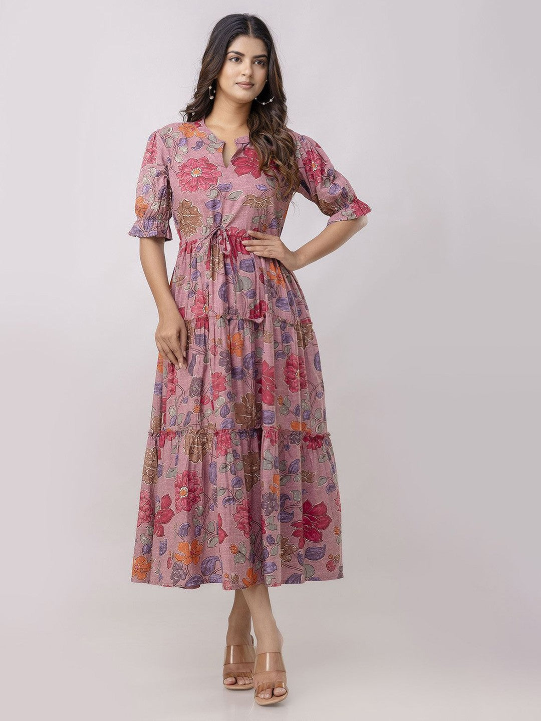 Pink Floral Fit and Flare Midi Dress