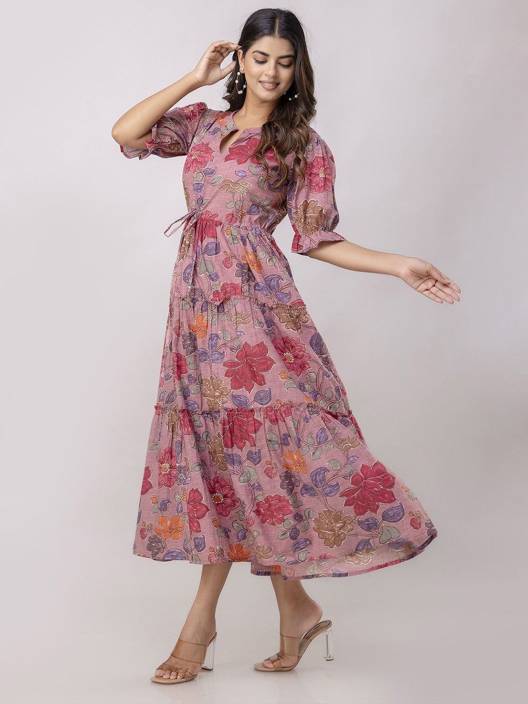 Pink Floral Fit and Flare Midi Dress