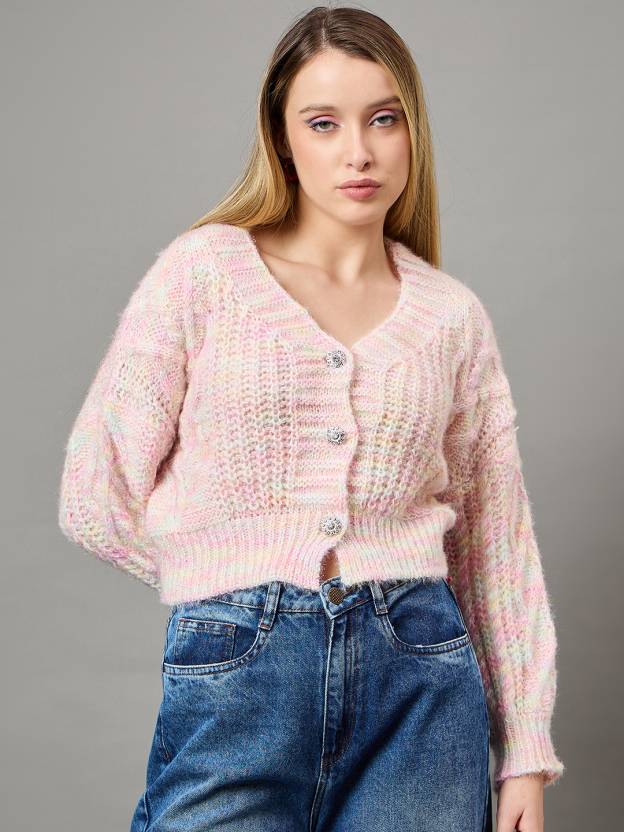 Pink Self design Full sleeves Sweater by Wyshlist