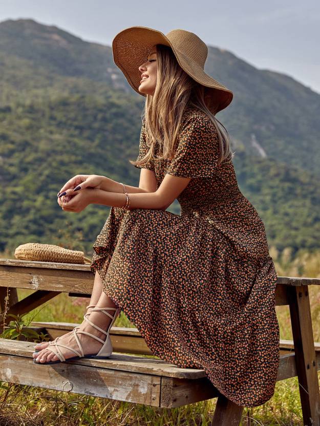 Mandarin Blooms Printed Crepe Dress