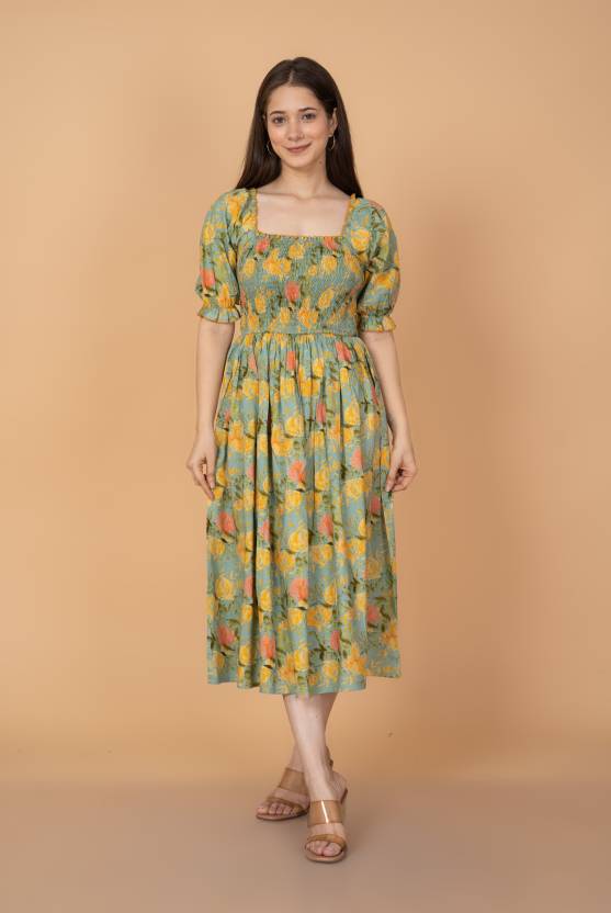 Green Floral Flare Midi Dress