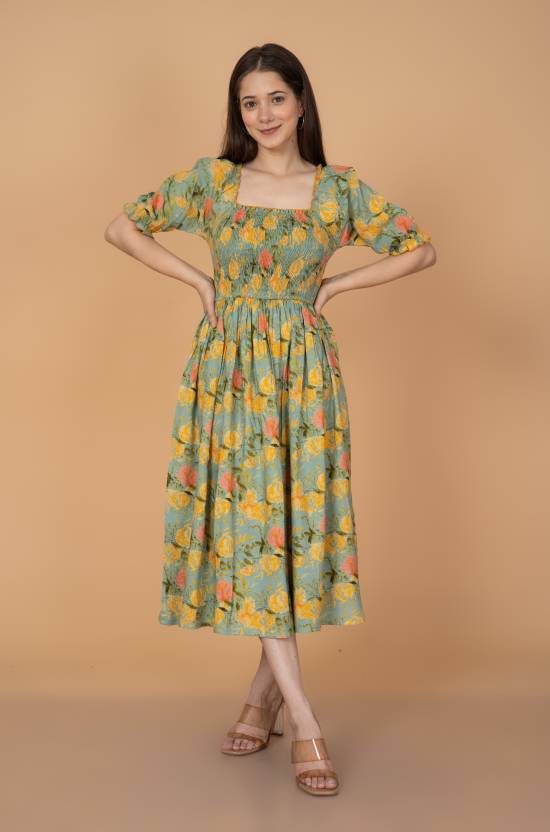 Green Floral Flare Midi Dress