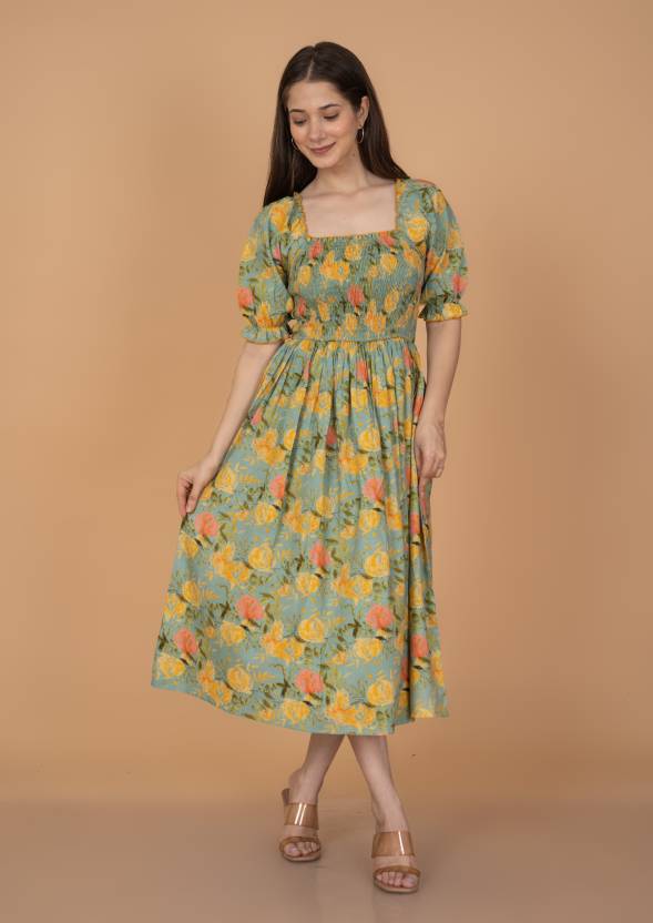 Green Floral Flare Midi Dress