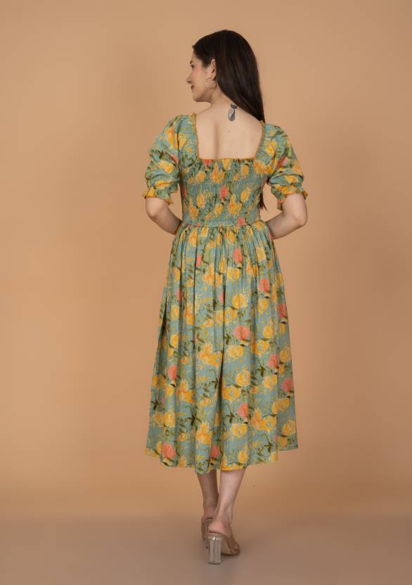 Green Floral Flare Midi Dress
