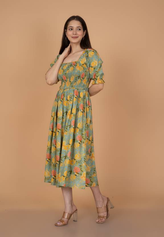Green Floral Flare Midi Dress