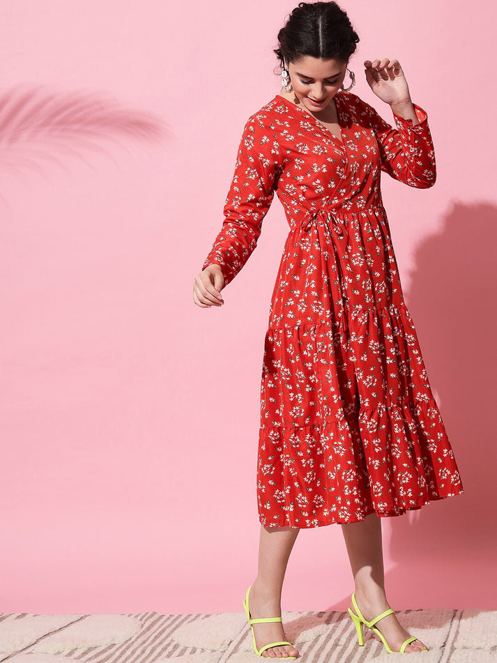 Red & White Floral Printed Midi Knee Length Dress by Wyshlist
