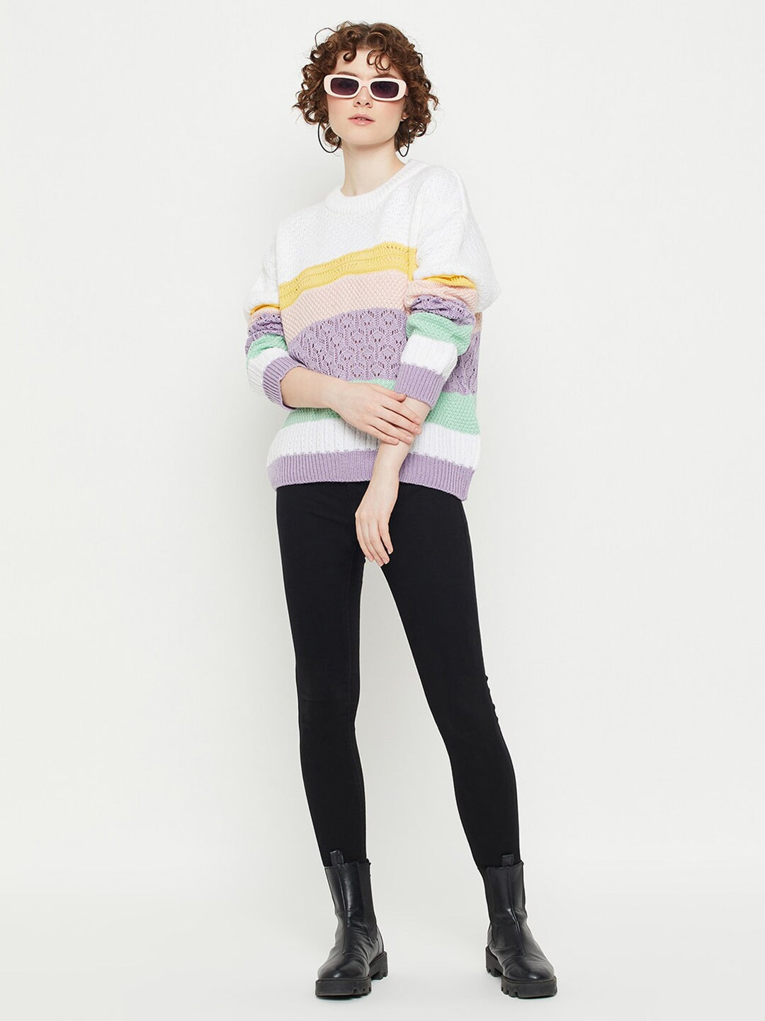 Women Round Neck Full Sleeves Open Knit Sweater