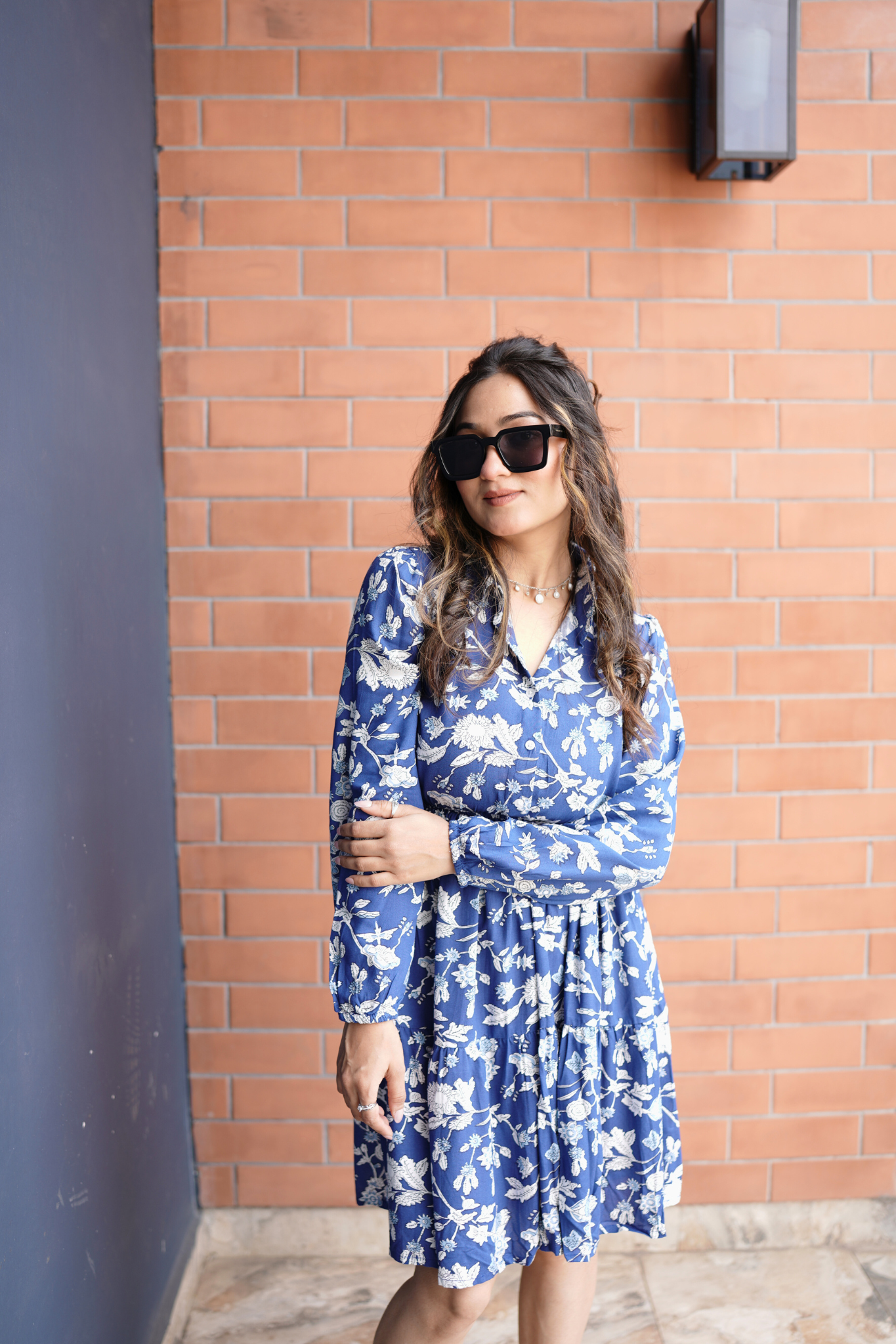 Blue Floral Fit & Flare Dress with Shirt Collar