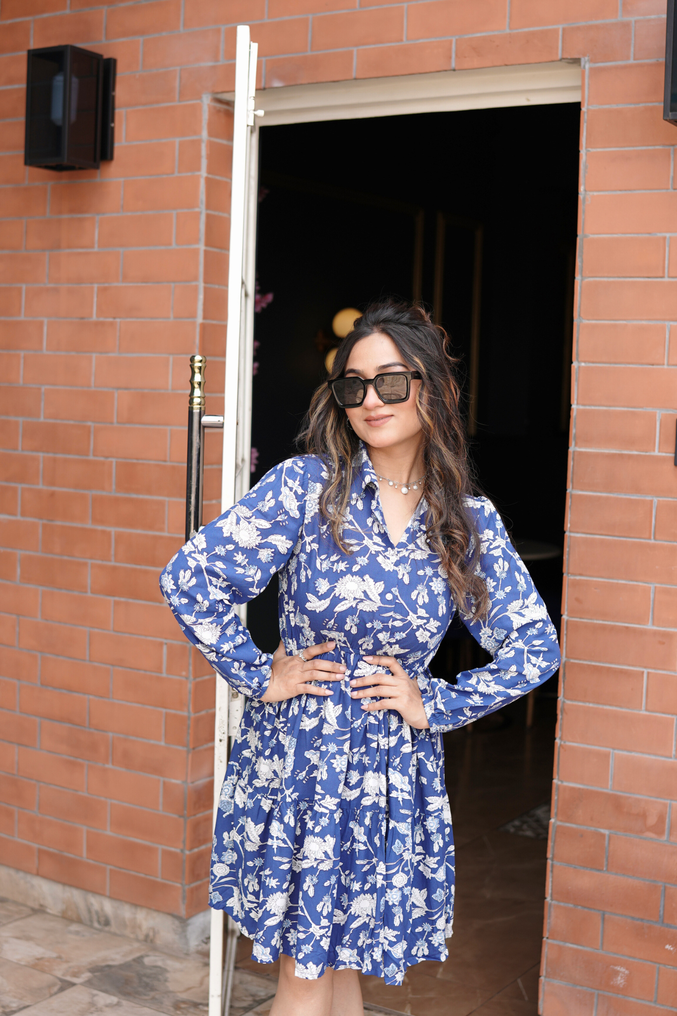 Blue Floral Fit & Flare Dress with Shirt Collar