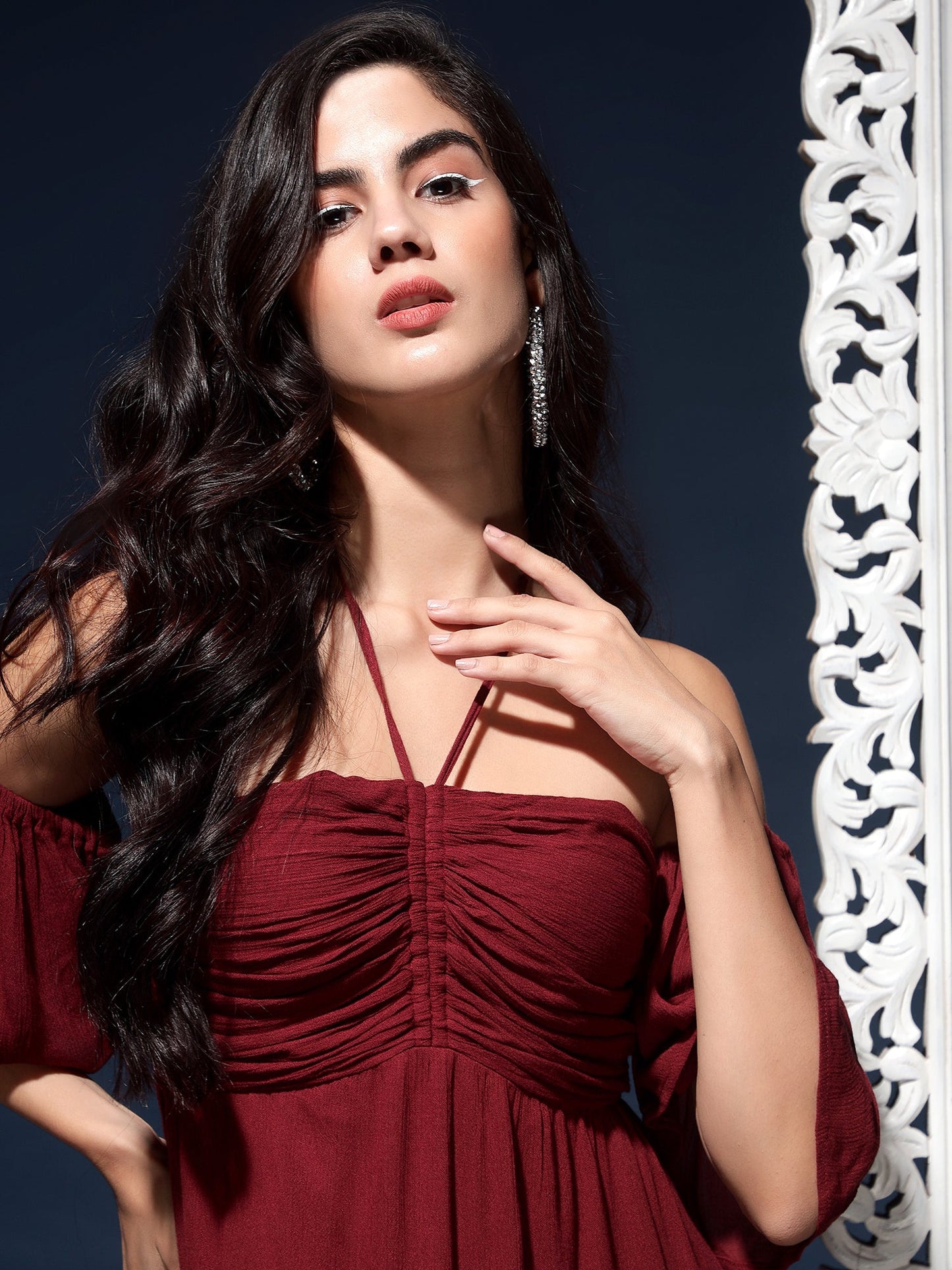 Maroon Crepe Maxi Casual Fit Dress
