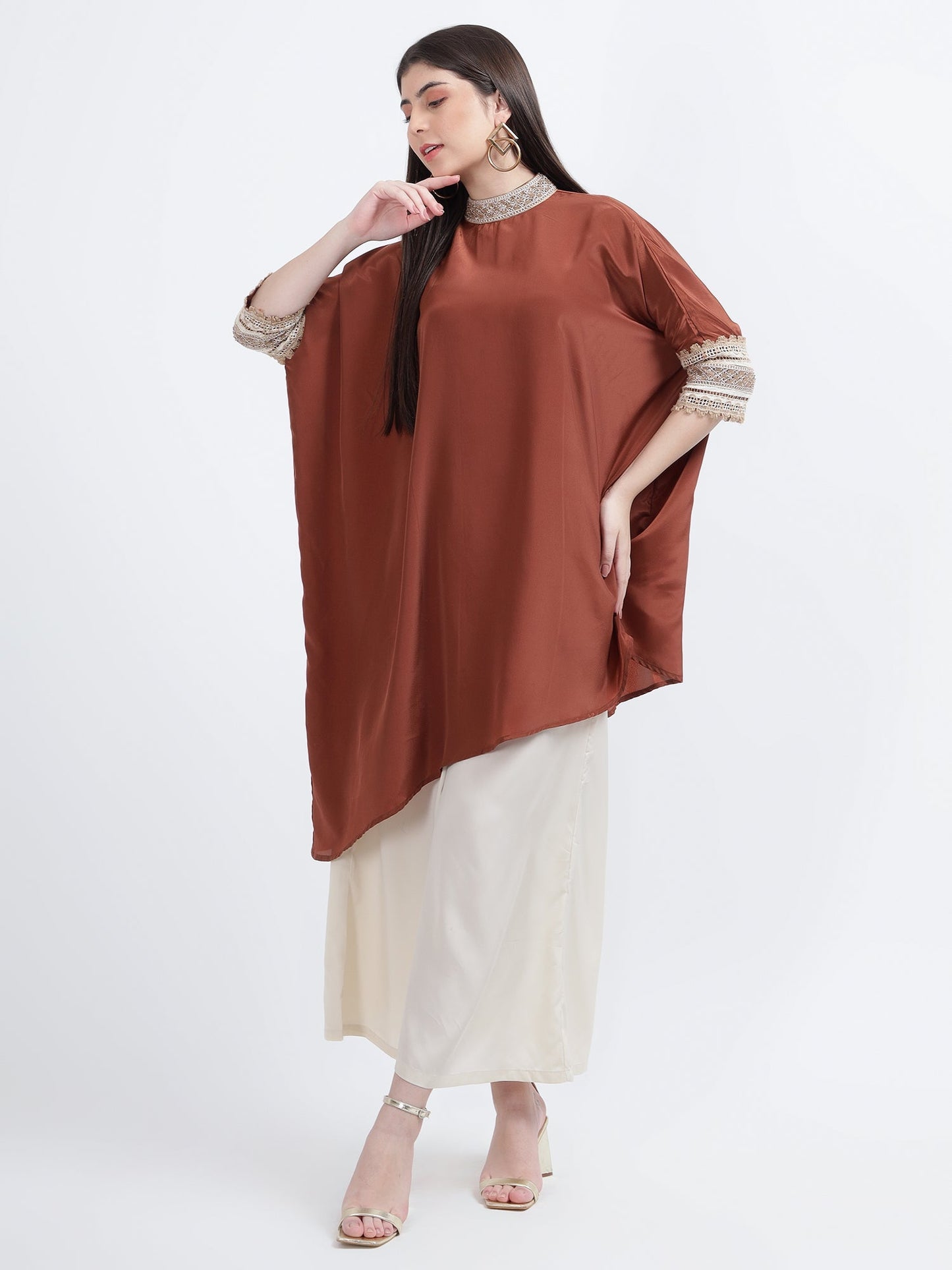 Brown Satin High Neck Kurta palazzo set