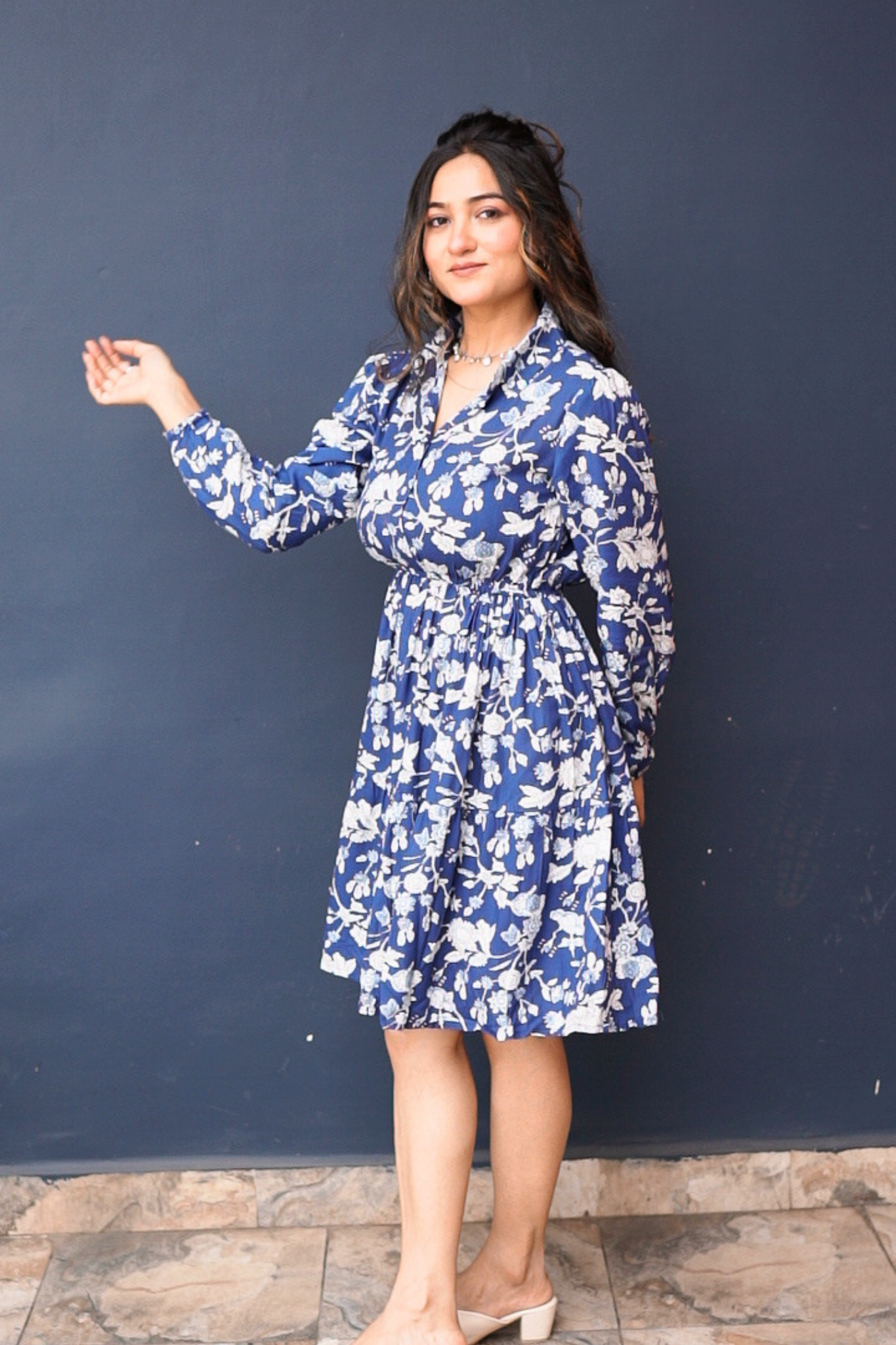 Blue Floral Fit & Flare Dress with Shirt Collar