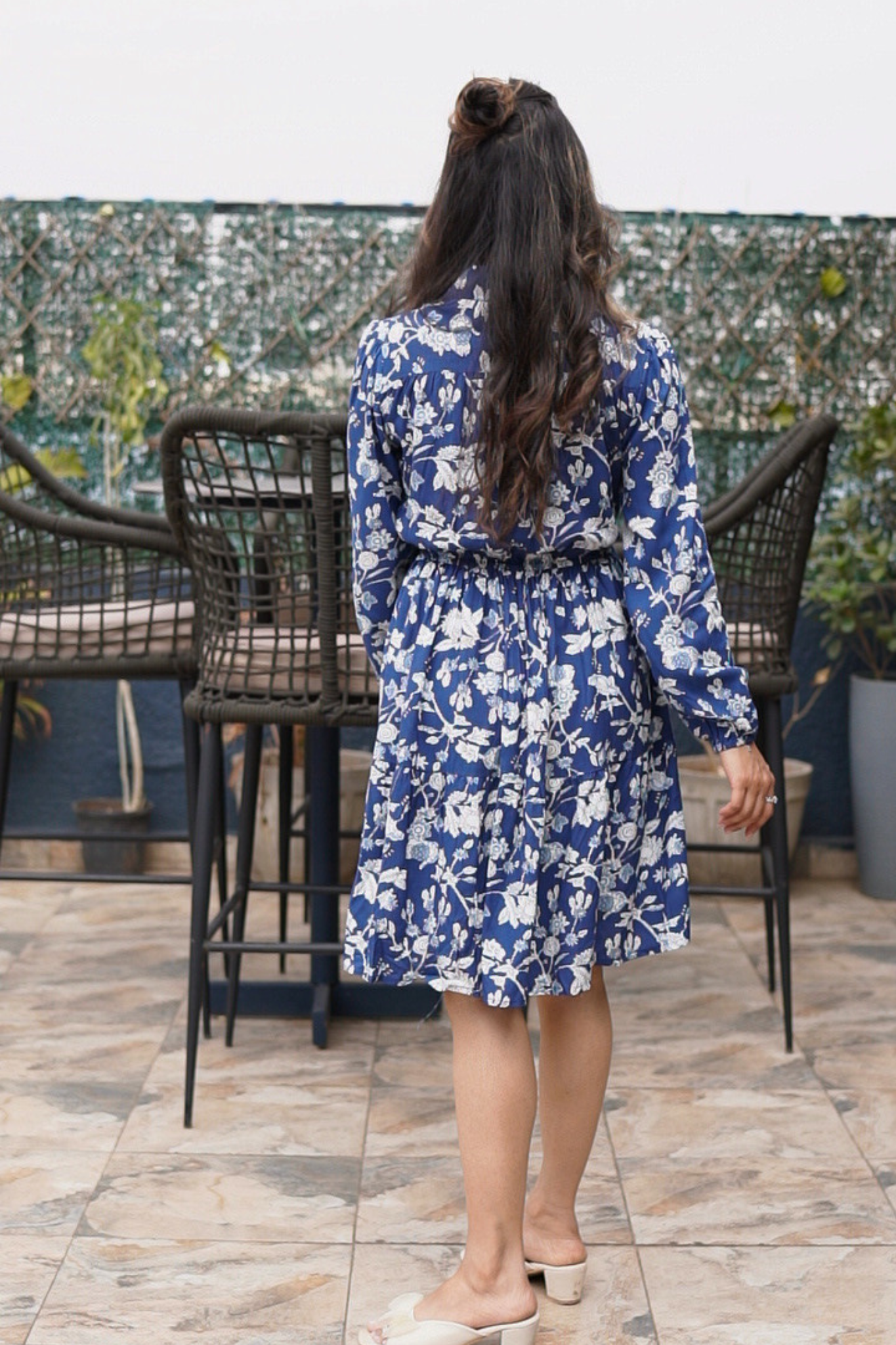Blue Floral Fit & Flare Dress with Shirt Collar