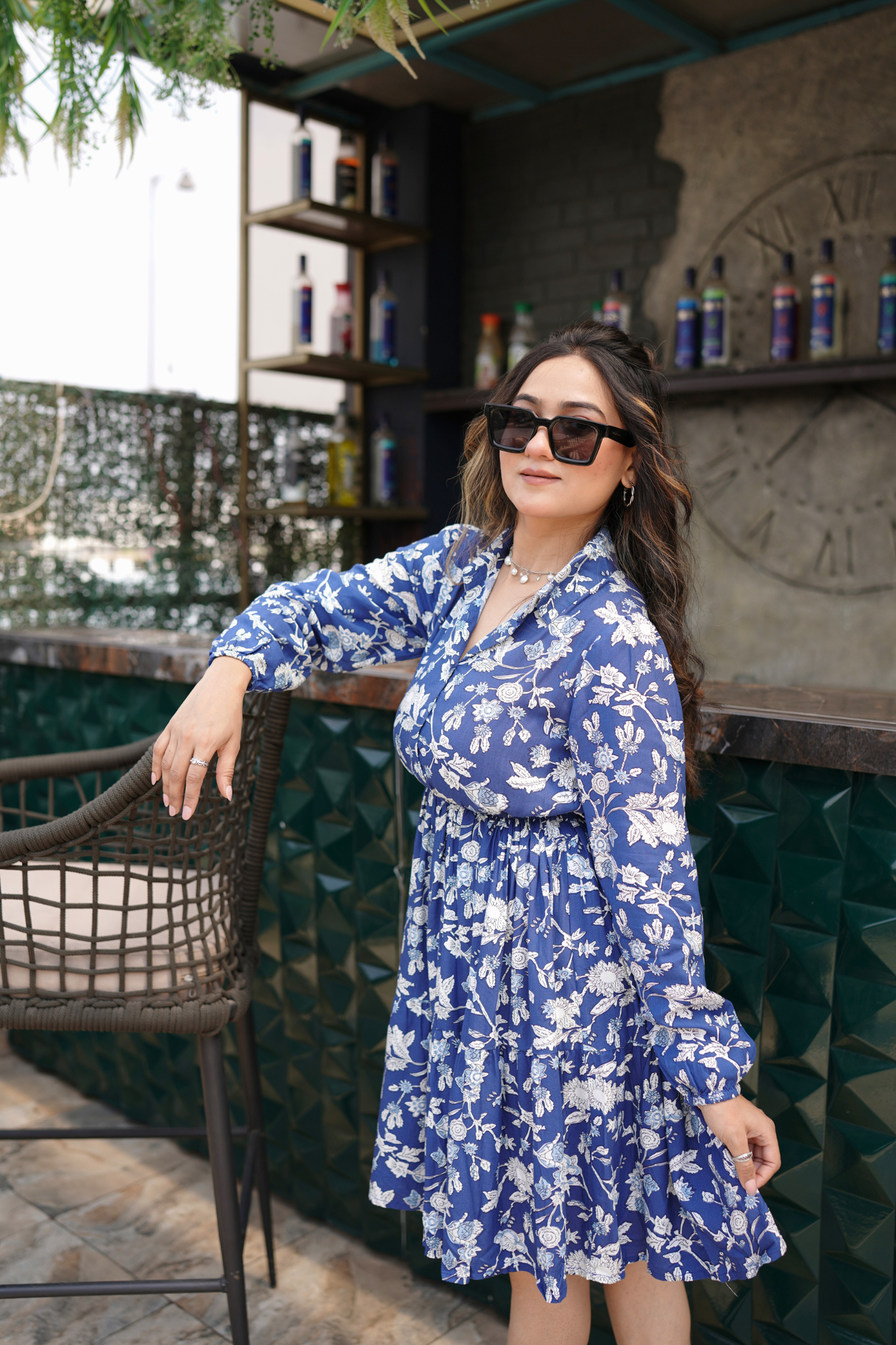 Blue Floral Fit & Flare Dress with Shirt Collar
