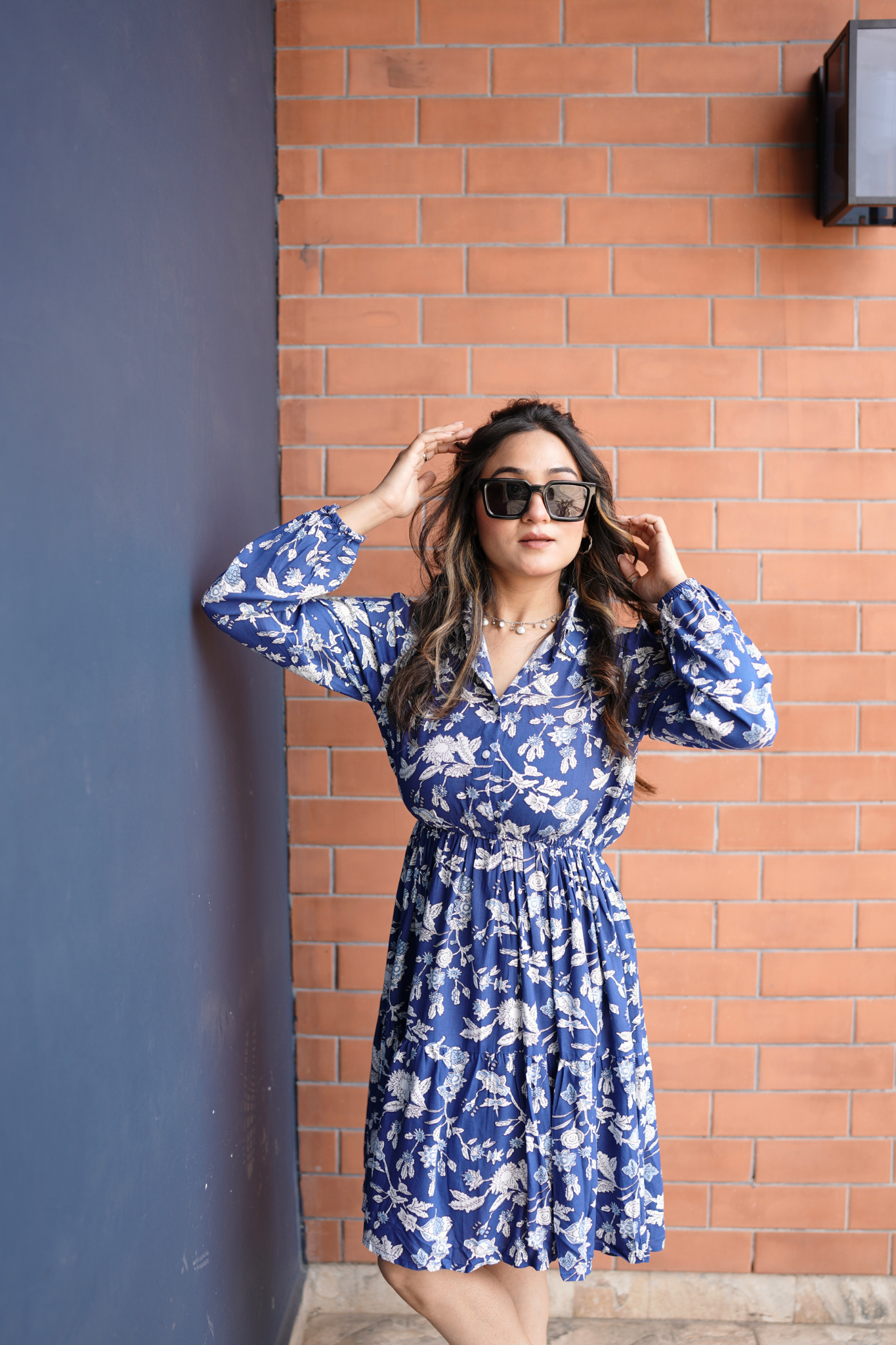 Blue Floral Fit & Flare Dress with Shirt Collar