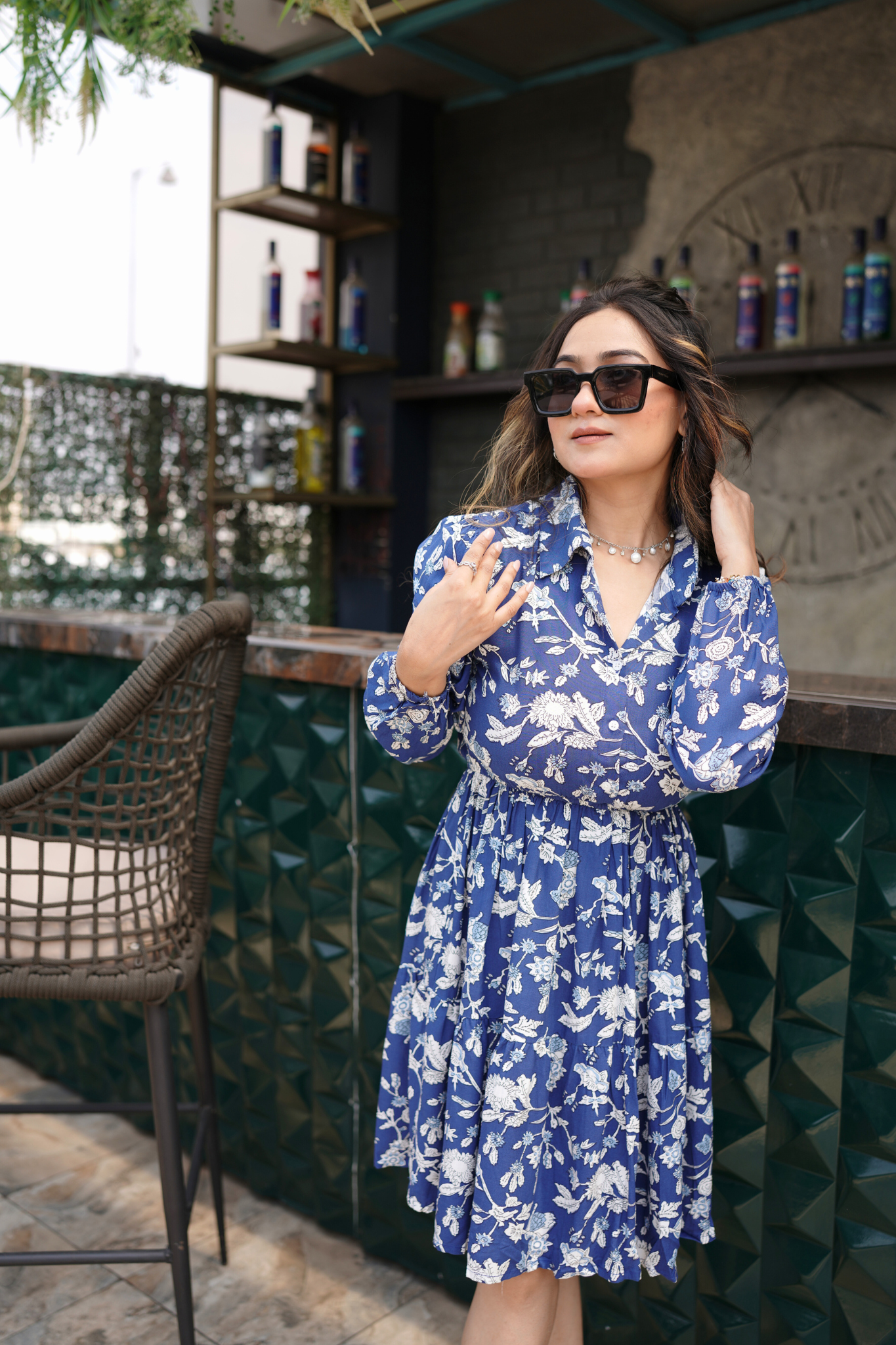 Blue Floral Fit & Flare Dress with Shirt Collar