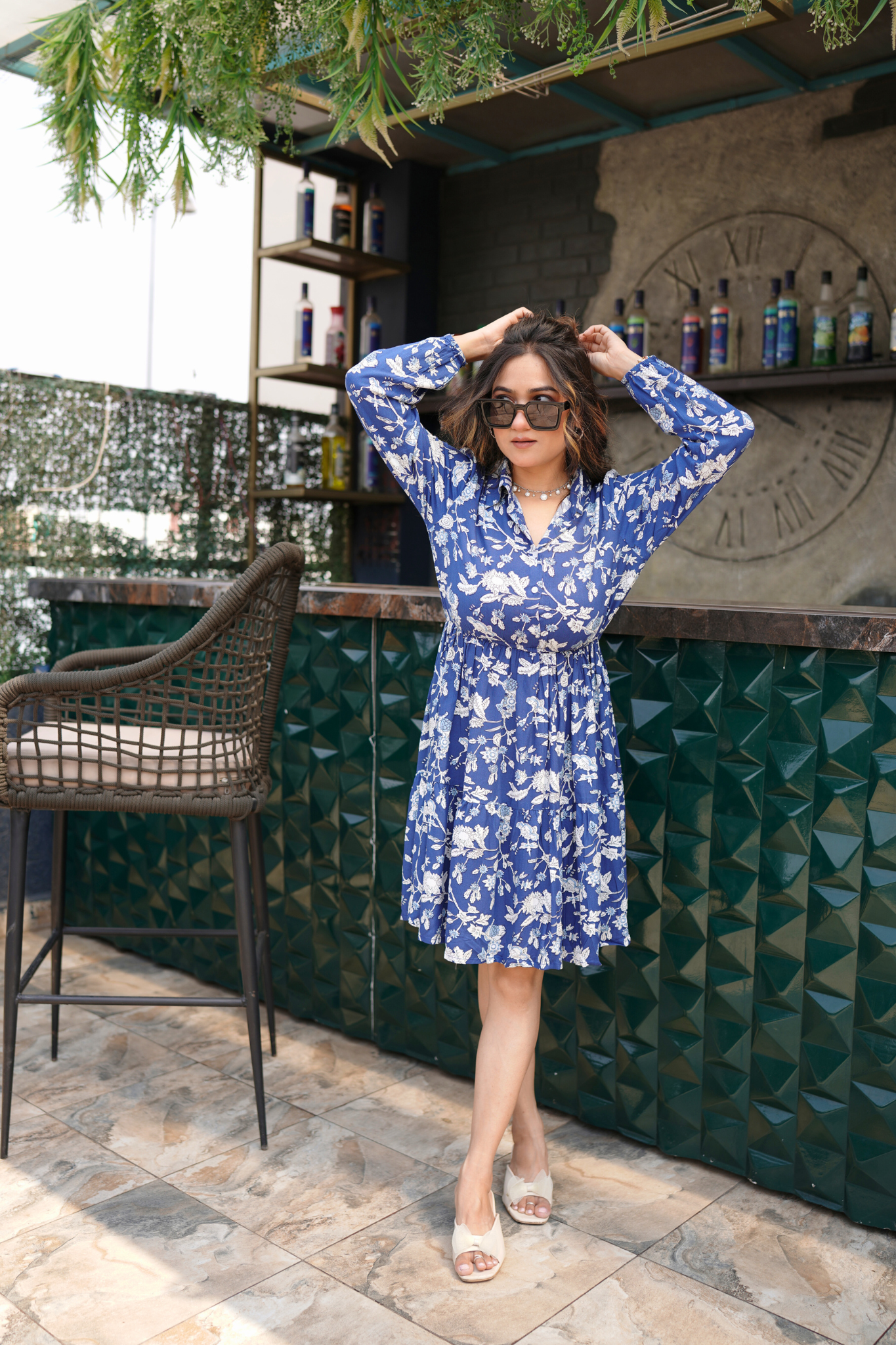 Blue Floral Fit & Flare Dress with Shirt Collar