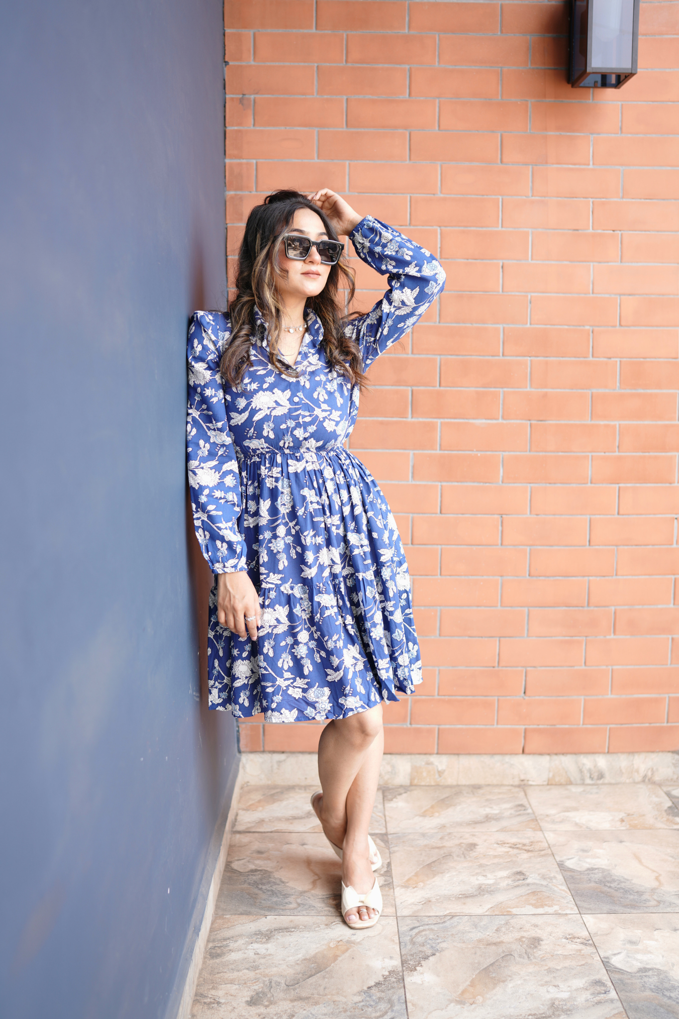 Blue Floral Fit & Flare Dress with Shirt Collar