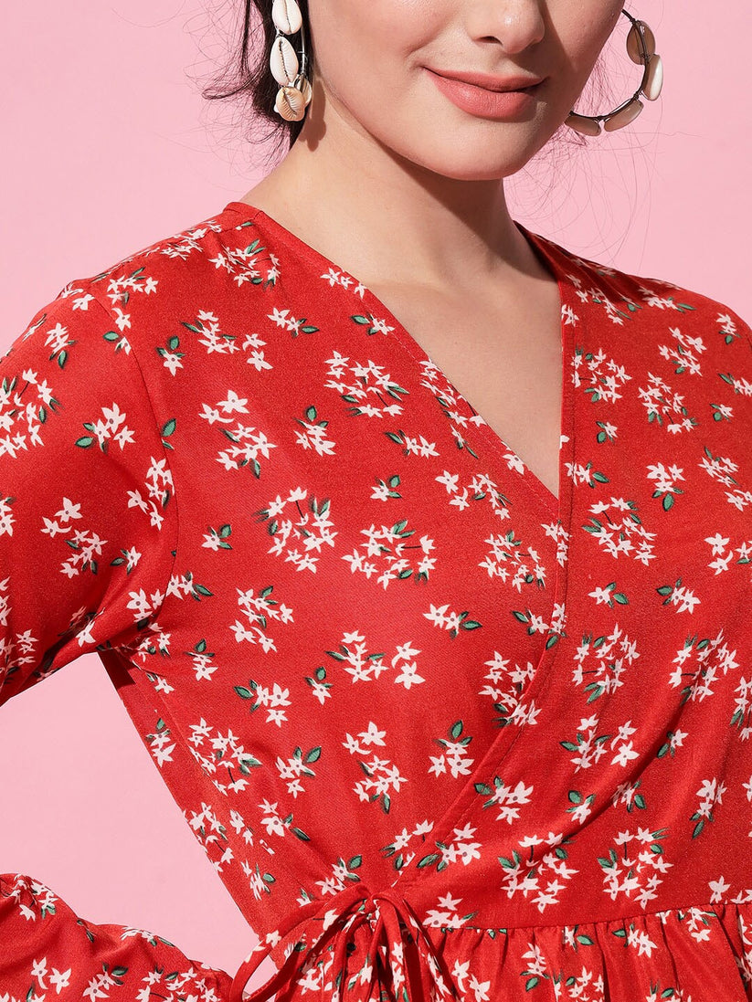 Red & White Floral Printed Midi Knee Length Dress by Wyshlist