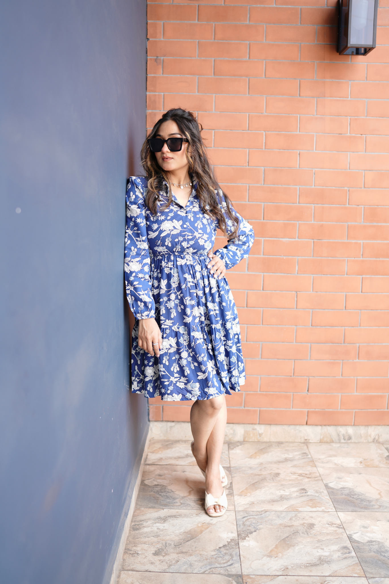 Blue Floral Fit & Flare Dress with Shirt Collar