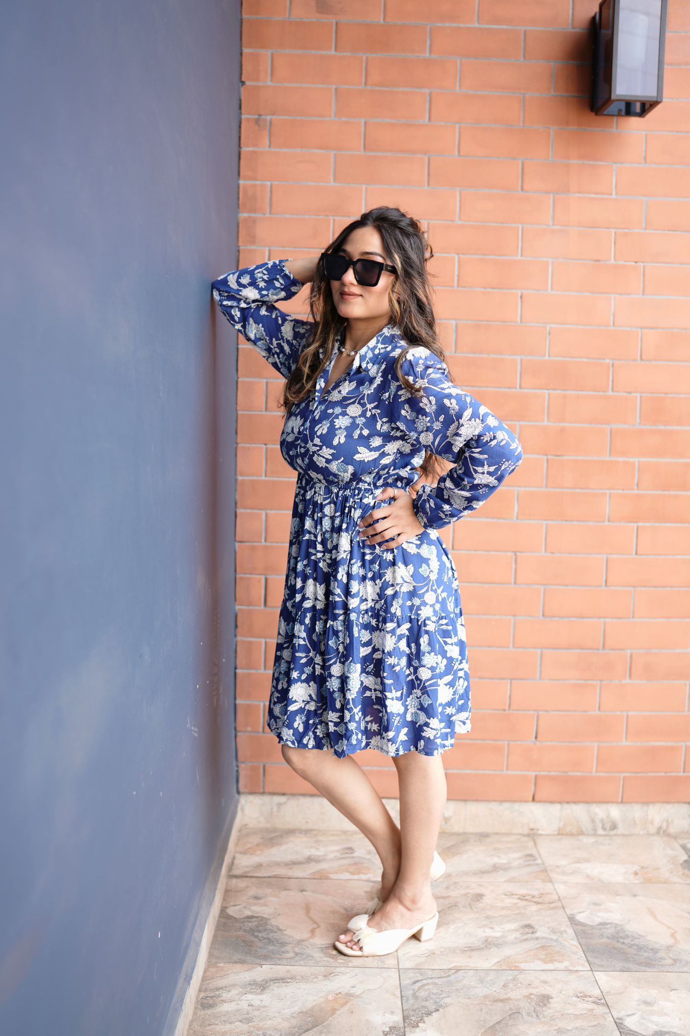 Blue Floral Fit & Flare Dress with Shirt Collar