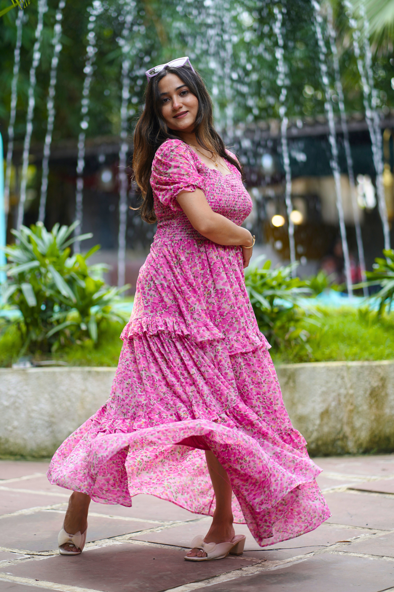 Elegant Pink Floral Print Maxi Dress with Puff Sleeves by Wyshlist