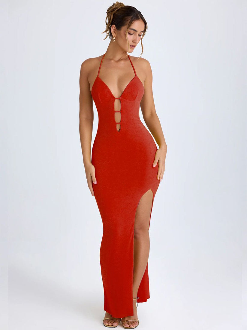 Red Solid Bodycon Maxi Dress by Wyshlist