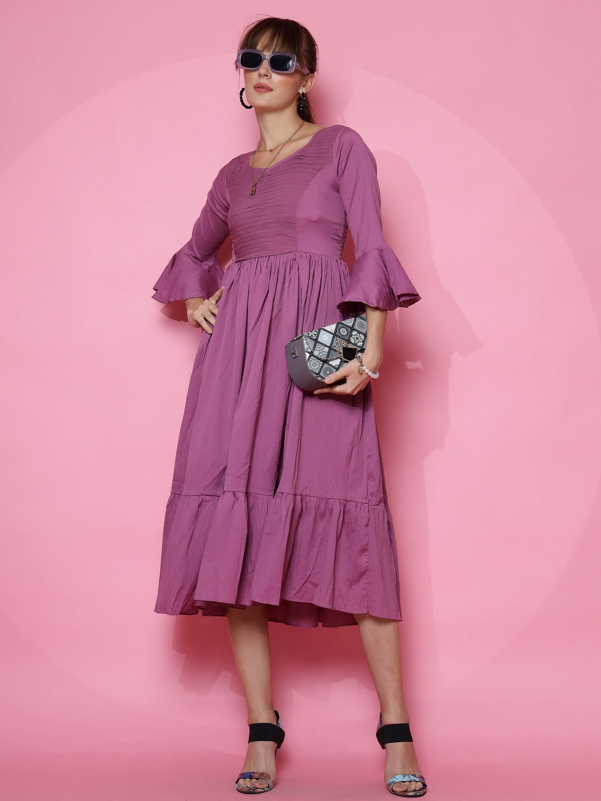 Elegant Purple Fit and Flare Midi Dress by Wyshlist