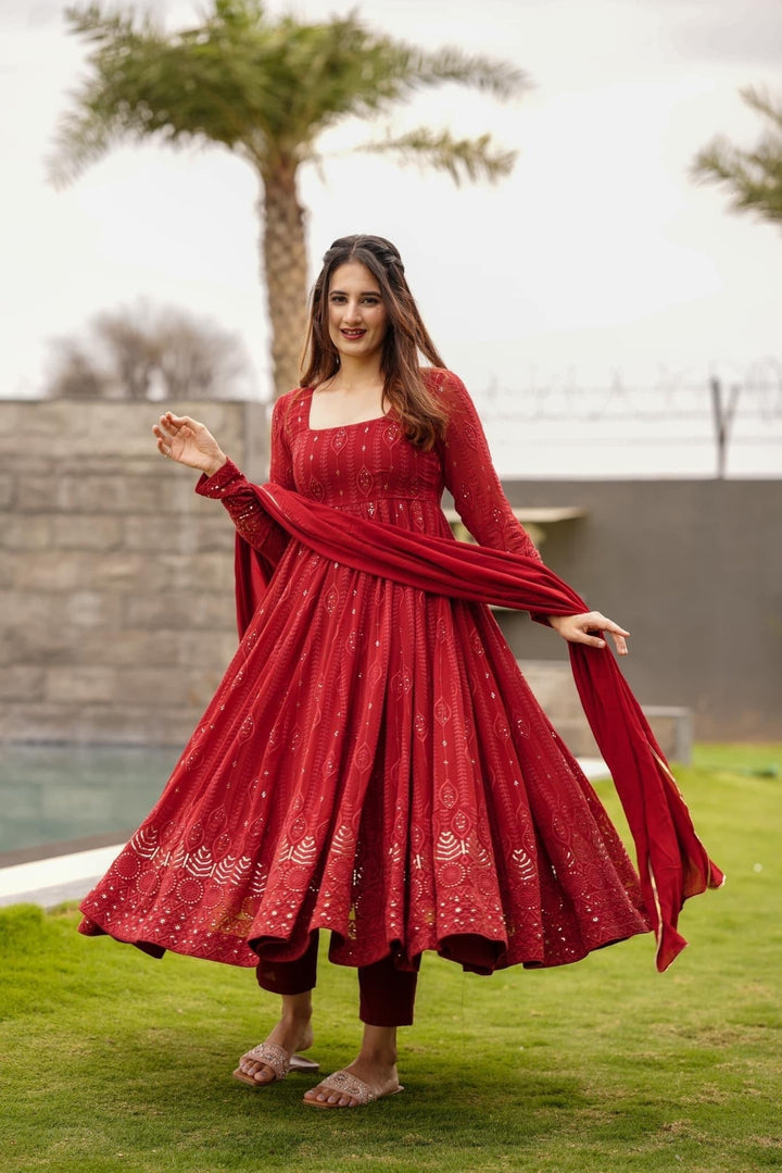 Square Neck L S Georgette Dress Red